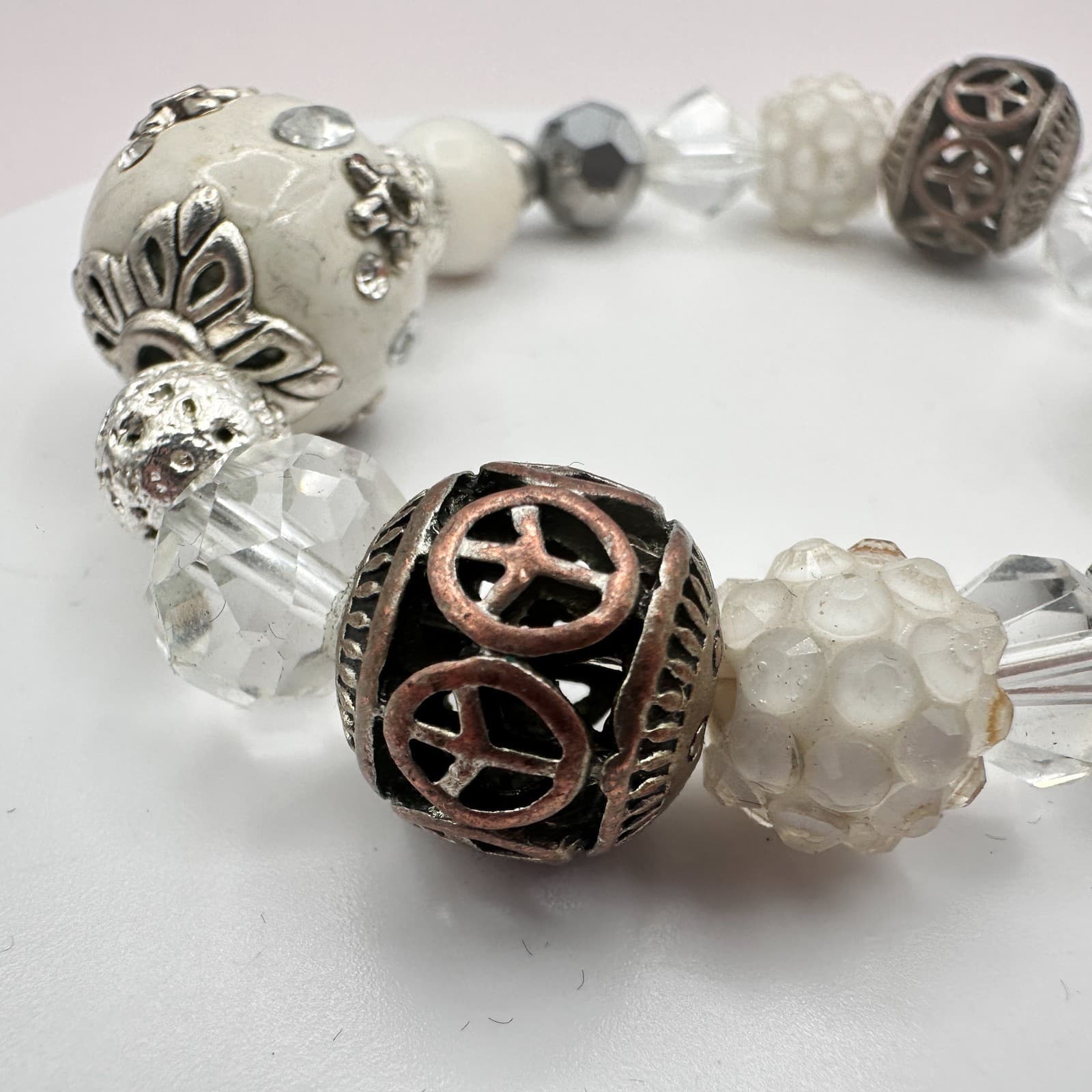 Vintage 90s Y2K Clear Rhinestone Peace Sign Beaded Bracelet Boho Women's Jewelry - Thumbnail 3