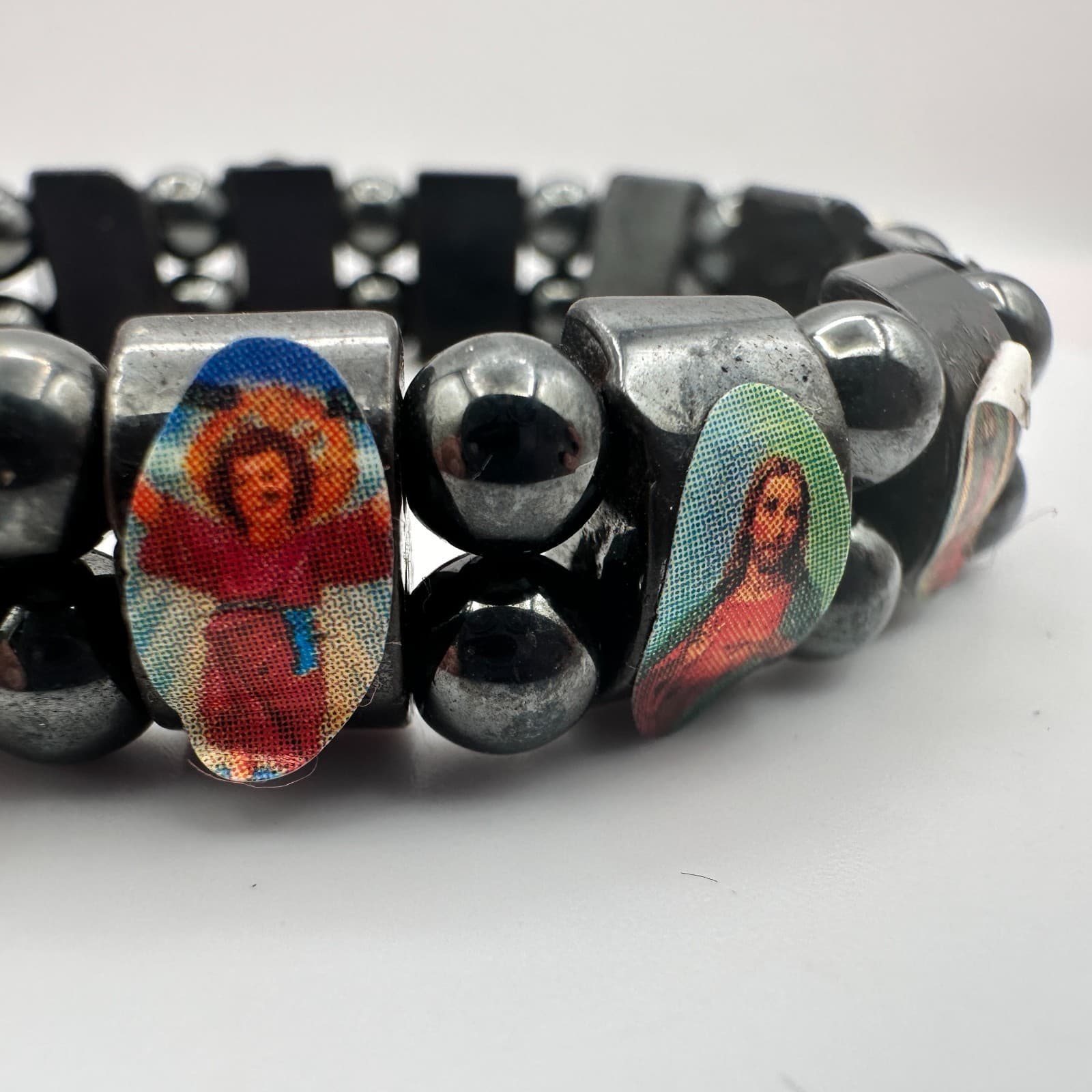 Vintage 80s Black Hematite Religious Catholic Icons Stretch Bracelet Jewelry - Thumbnail 5