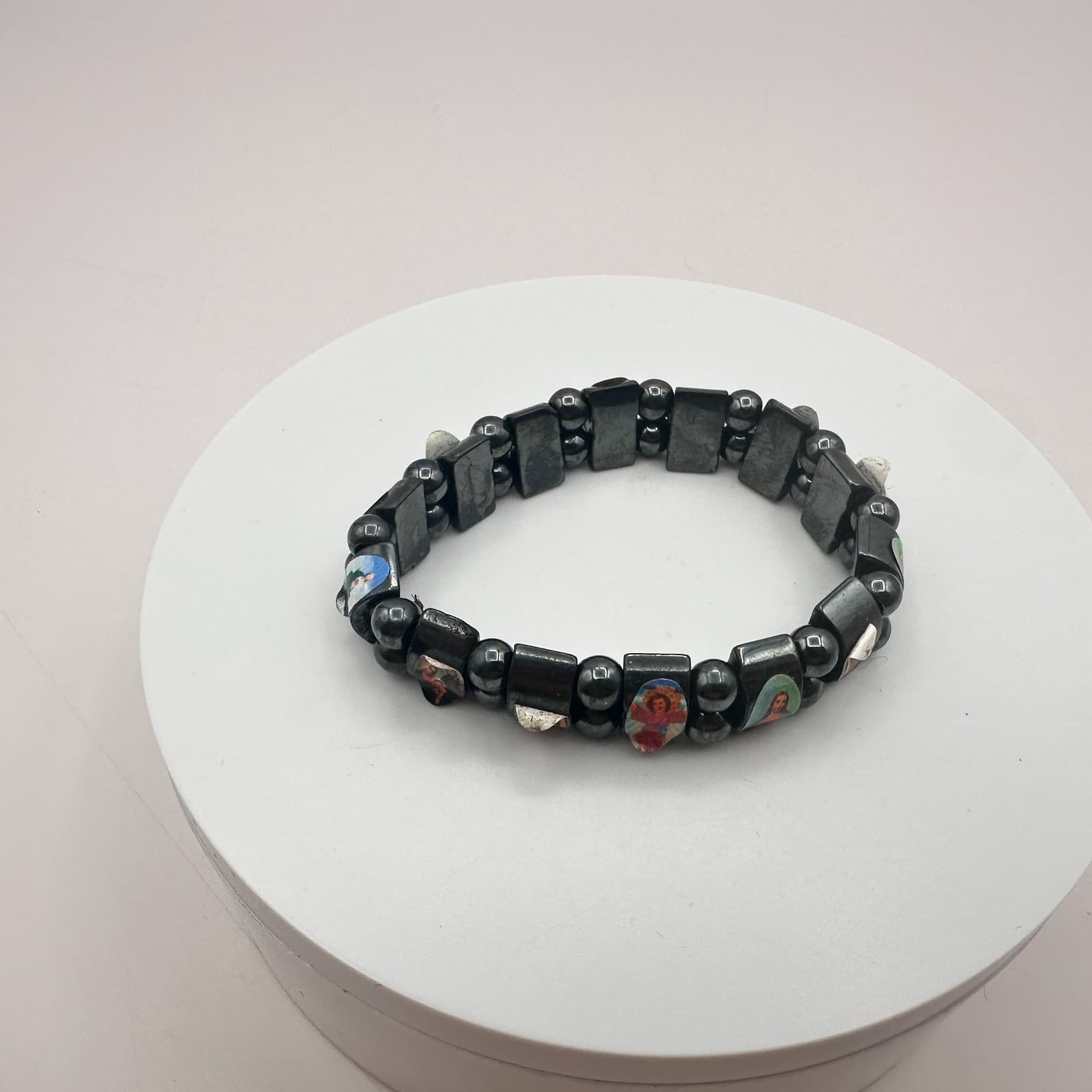 Vintage 80s Black Hematite Religious Catholic Icons Stretch Bracelet Jewelry - Thumbnail 2