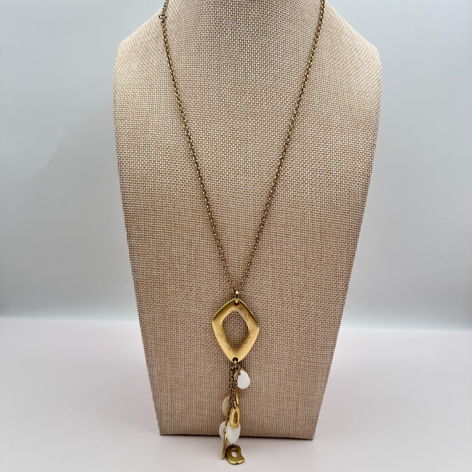 Vintage Y2K Gold Tone White Shell Dangle Geometric Pendant Necklace Jewelry - Thumbnail 6