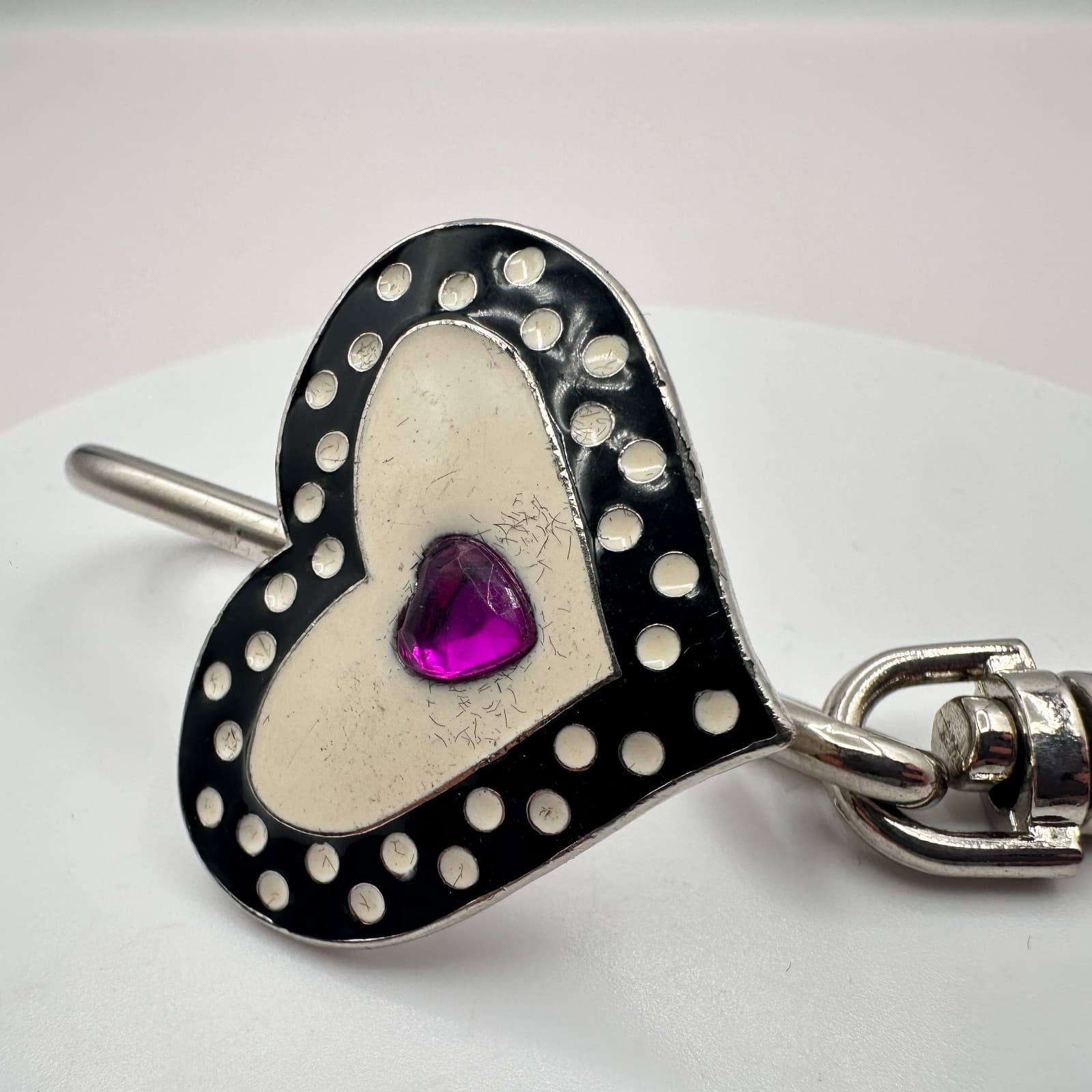 Vintage 90s Alexx Heart Key Purse Charm Polka Dot Enamel Keychain Purple Jewelry - Thumbnail 3