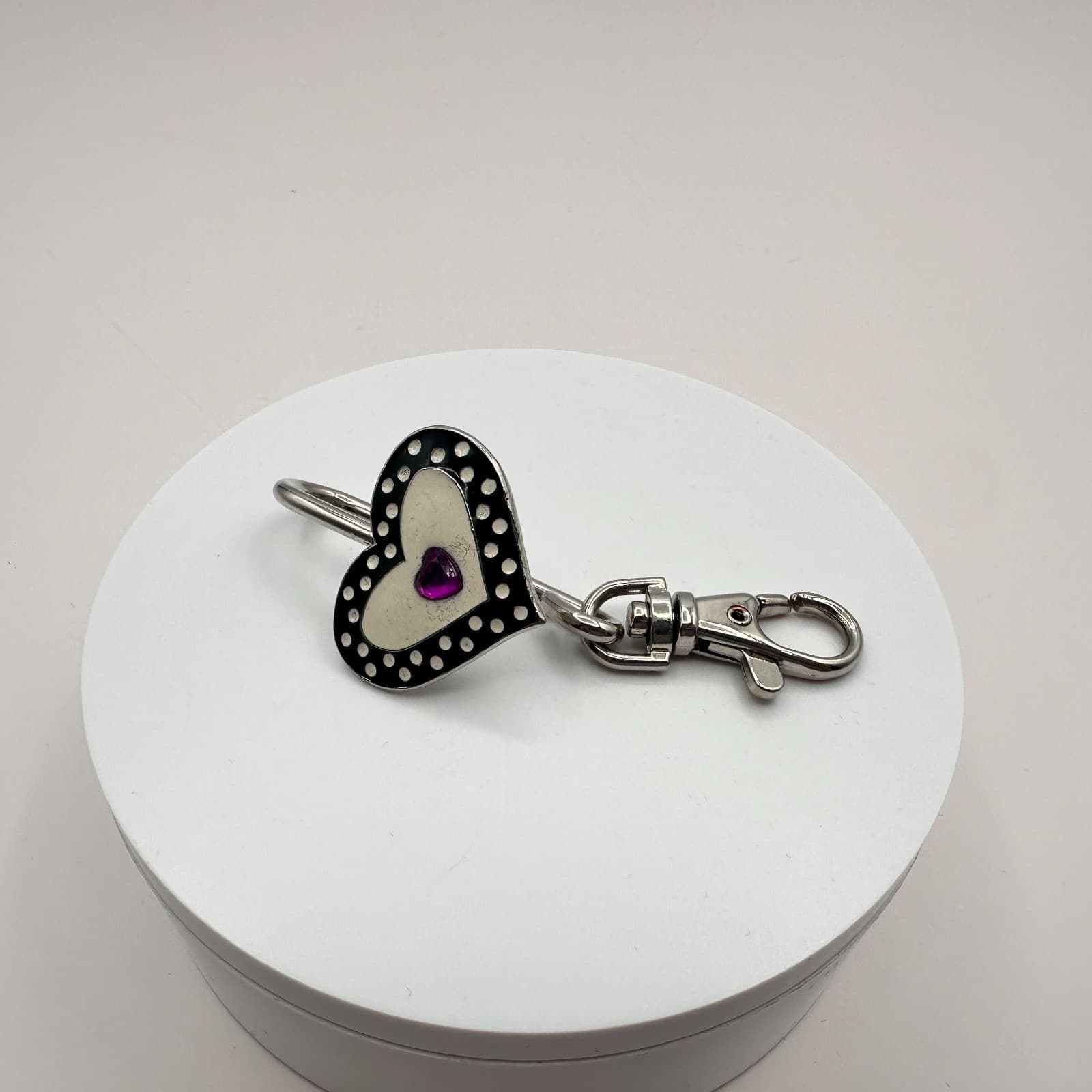 Vintage 90s Alexx Heart Key Purse Charm Polka Dot Enamel Keychain Purple Jewelry - Thumbnail 5