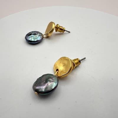 Vintage 80s Gold Tone Peacock Black Baroque Coin Pearl Drop Earrings Jewelry - Thumbnail 6