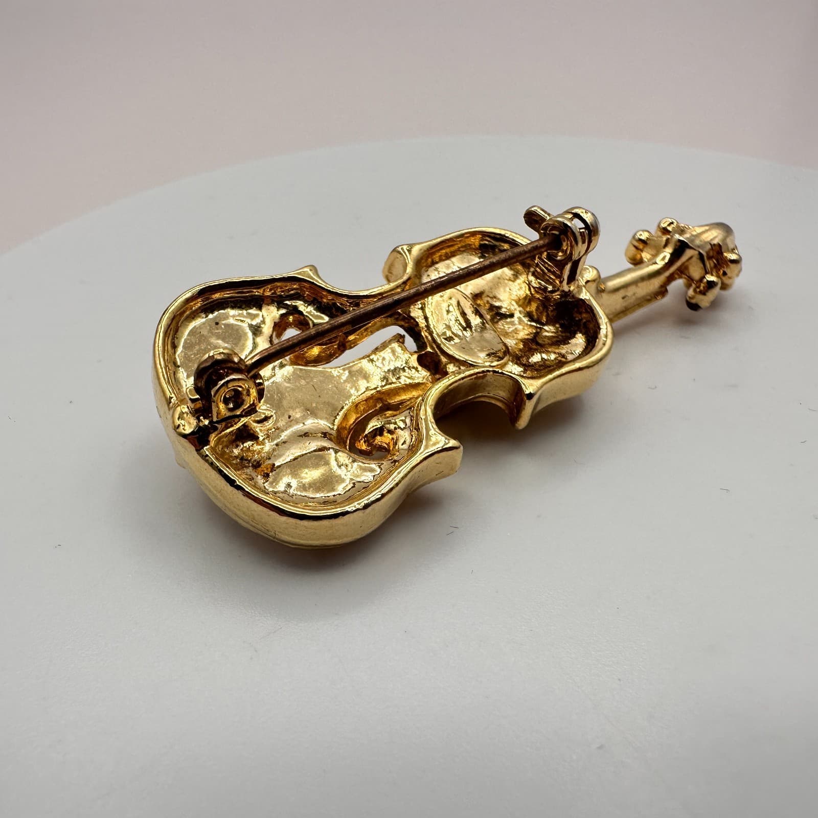 Vintage 90s Gold Tone Pave Clear Rhinestone Violin Musical Brooch Pin Jewelry - Thumbnail 7