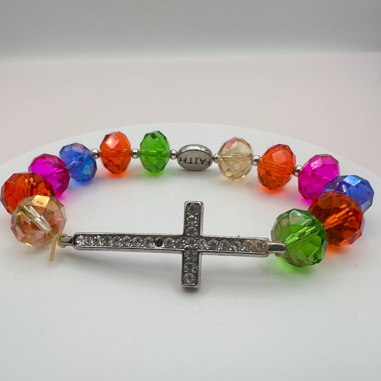 Vintage Y2K Clear Rhinestone Beaded Cross Bracelet Faith Charm Religious Jewelry - Thumbnail 7