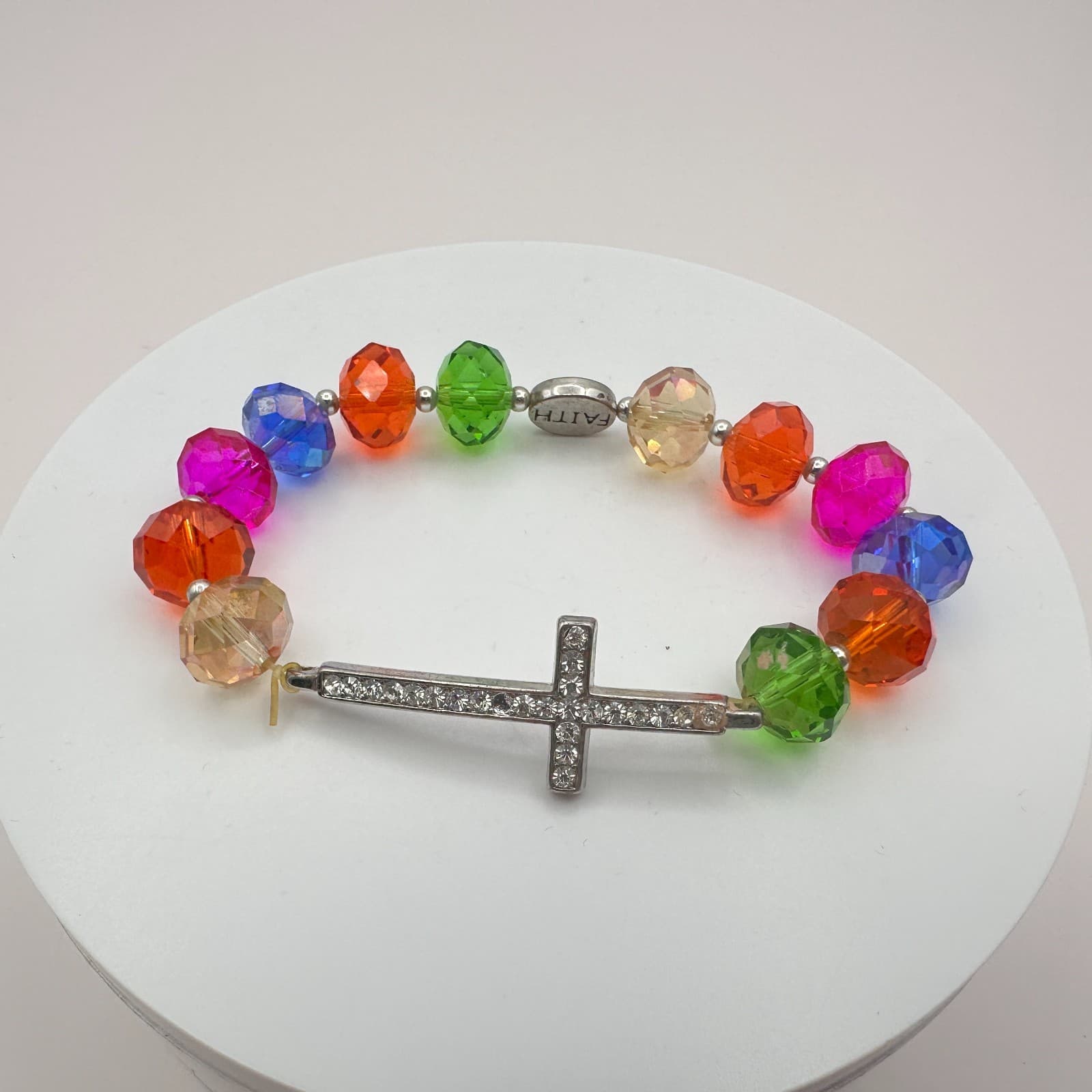 Vintage Y2K Clear Rhinestone Beaded Cross Bracelet Faith Charm Religious Jewelry - Thumbnail 8