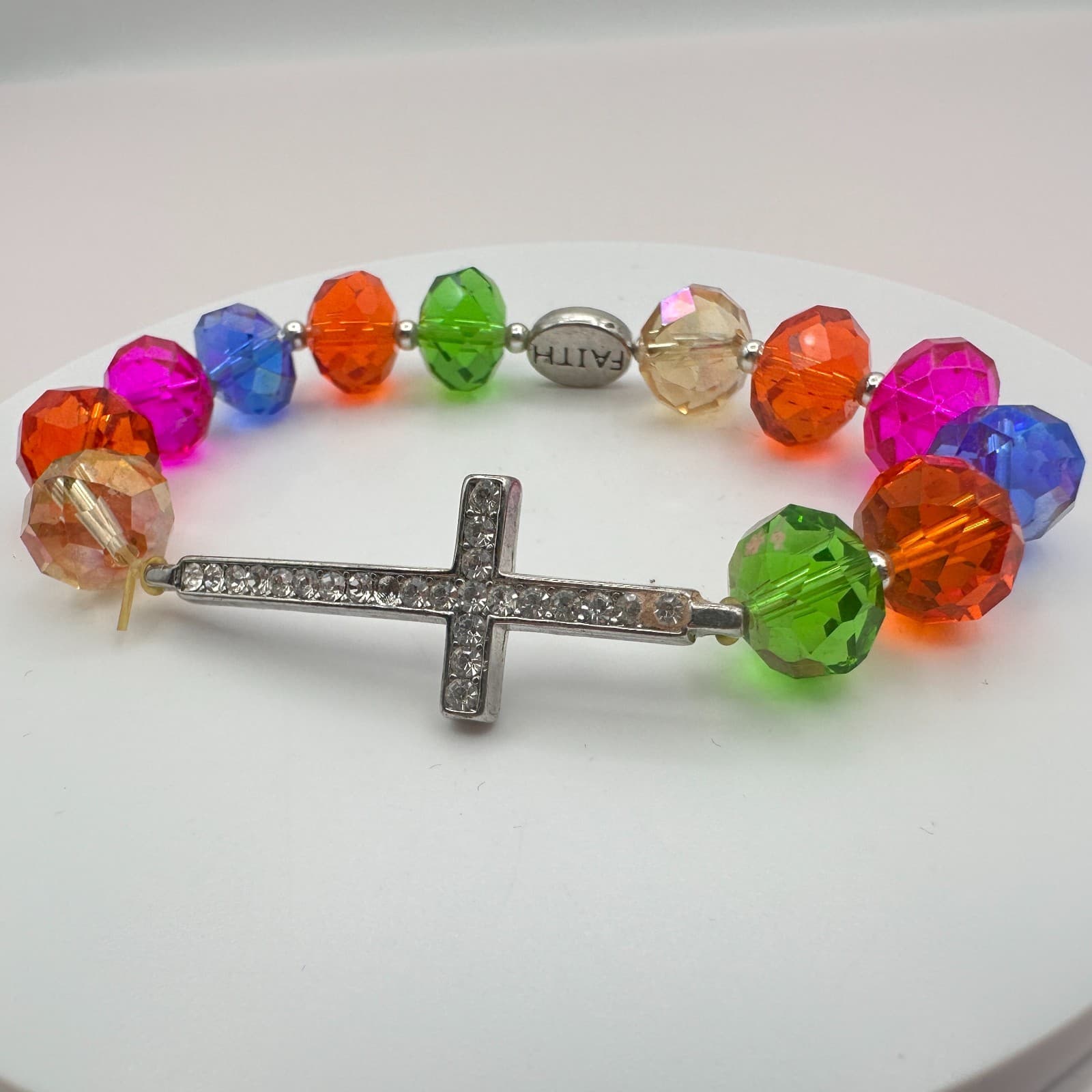 Vintage Y2K Clear Rhinestone Beaded Cross Bracelet Faith Charm Religious Jewelry - Thumbnail 9