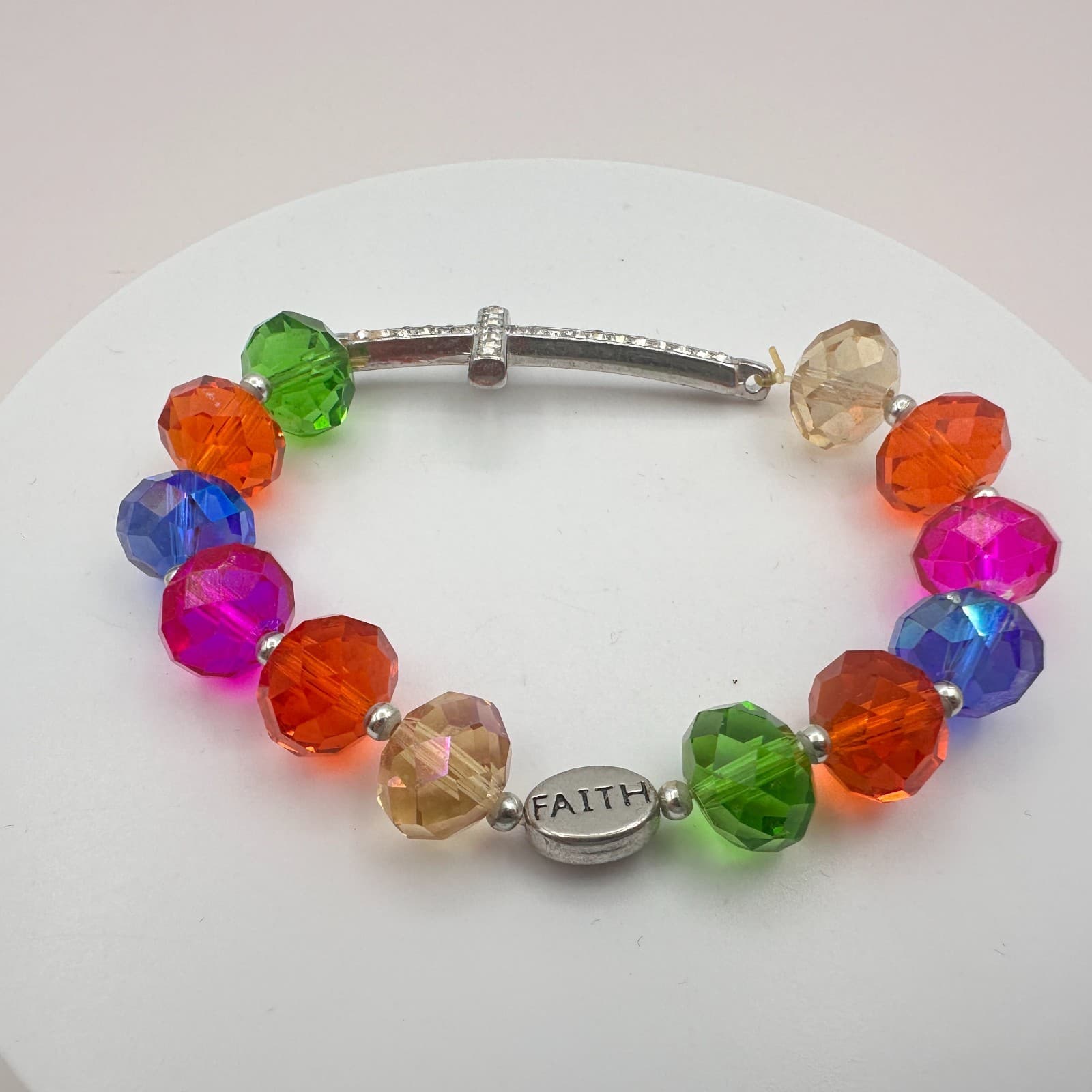 Vintage Y2K Clear Rhinestone Beaded Cross Bracelet Faith Charm Religious Jewelry - Thumbnail 3