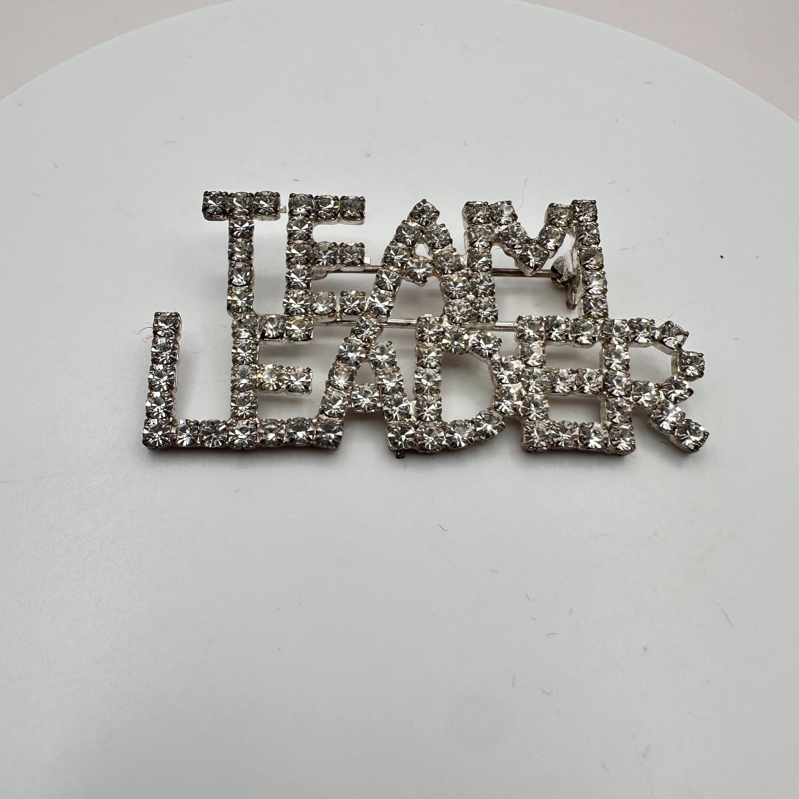 Vintage 80s Silver Tone Rhinestone Team Leader Word Figural Brooch Pin Jewelry - Thumbnail 3