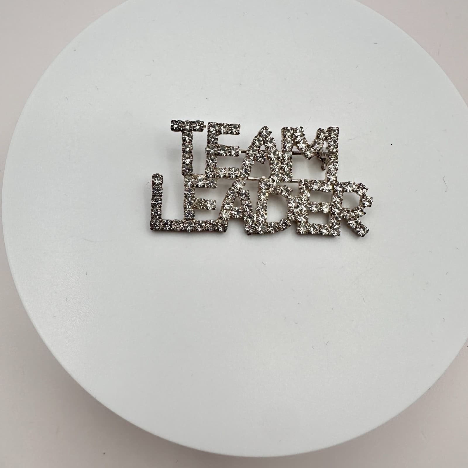 Vintage 80s Silver Tone Rhinestone Team Leader Word Figural Brooch Pin Jewelry - Thumbnail 2