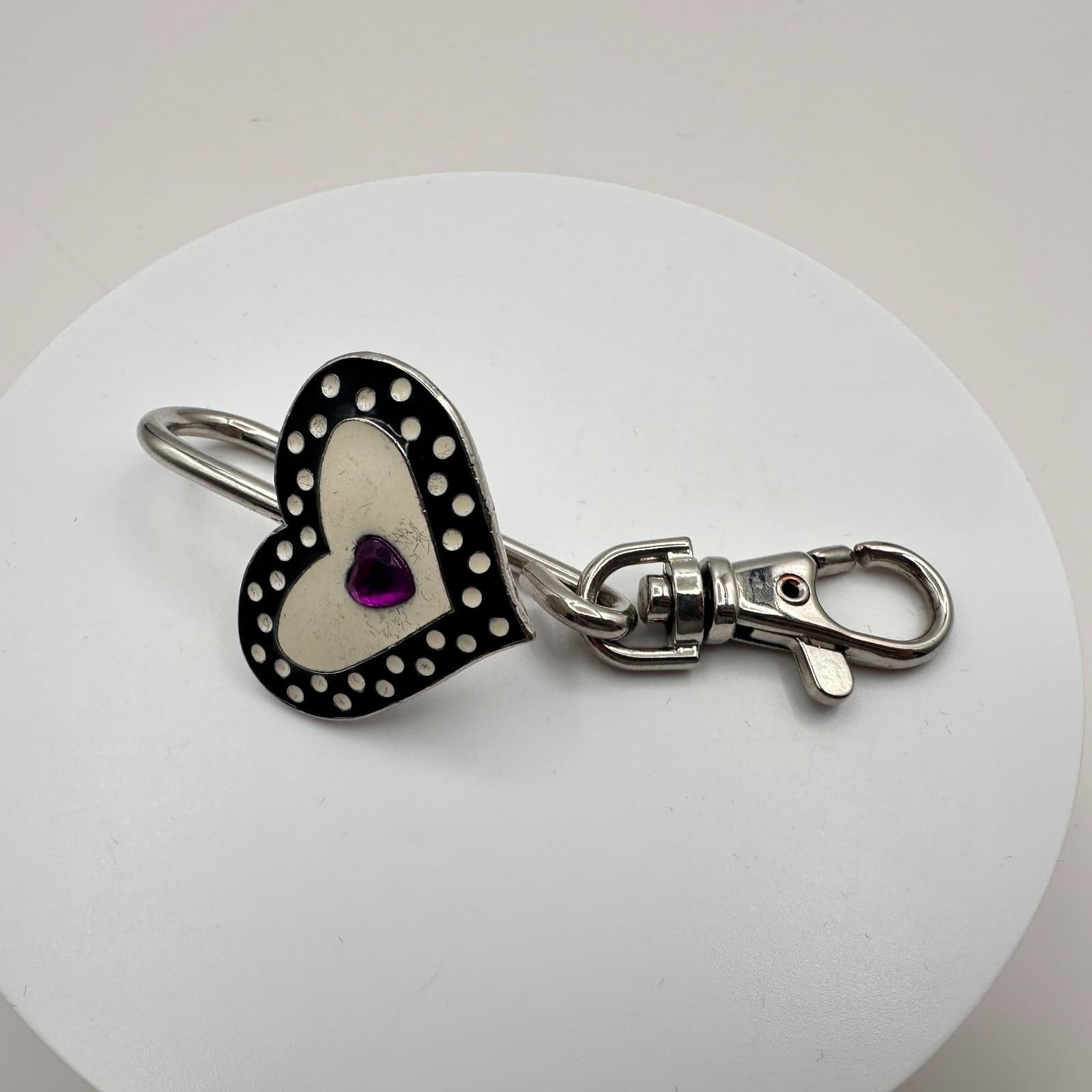 Vintage 90s Alexx Heart Key Purse Charm Polka Dot Enamel Keychain Purple Jewelry - Thumbnail 2