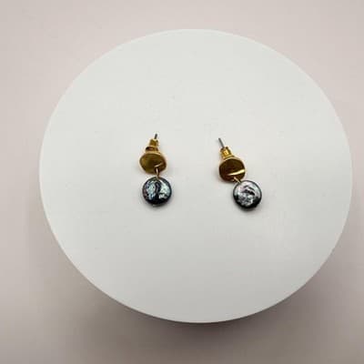 Vintage 80s Gold Tone Peacock Black Baroque Coin Pearl Drop Earrings Jewelry - Thumbnail 3