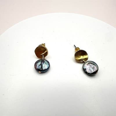 Vintage 80s Gold Tone Peacock Black Baroque Coin Pearl Drop Earrings Jewelry - Thumbnail 2