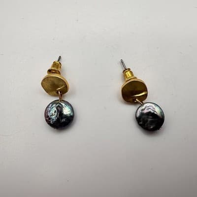 Vintage 80s Gold Tone Peacock Black Baroque Coin Pearl Drop Earrings Jewelry - Thumbnail 4