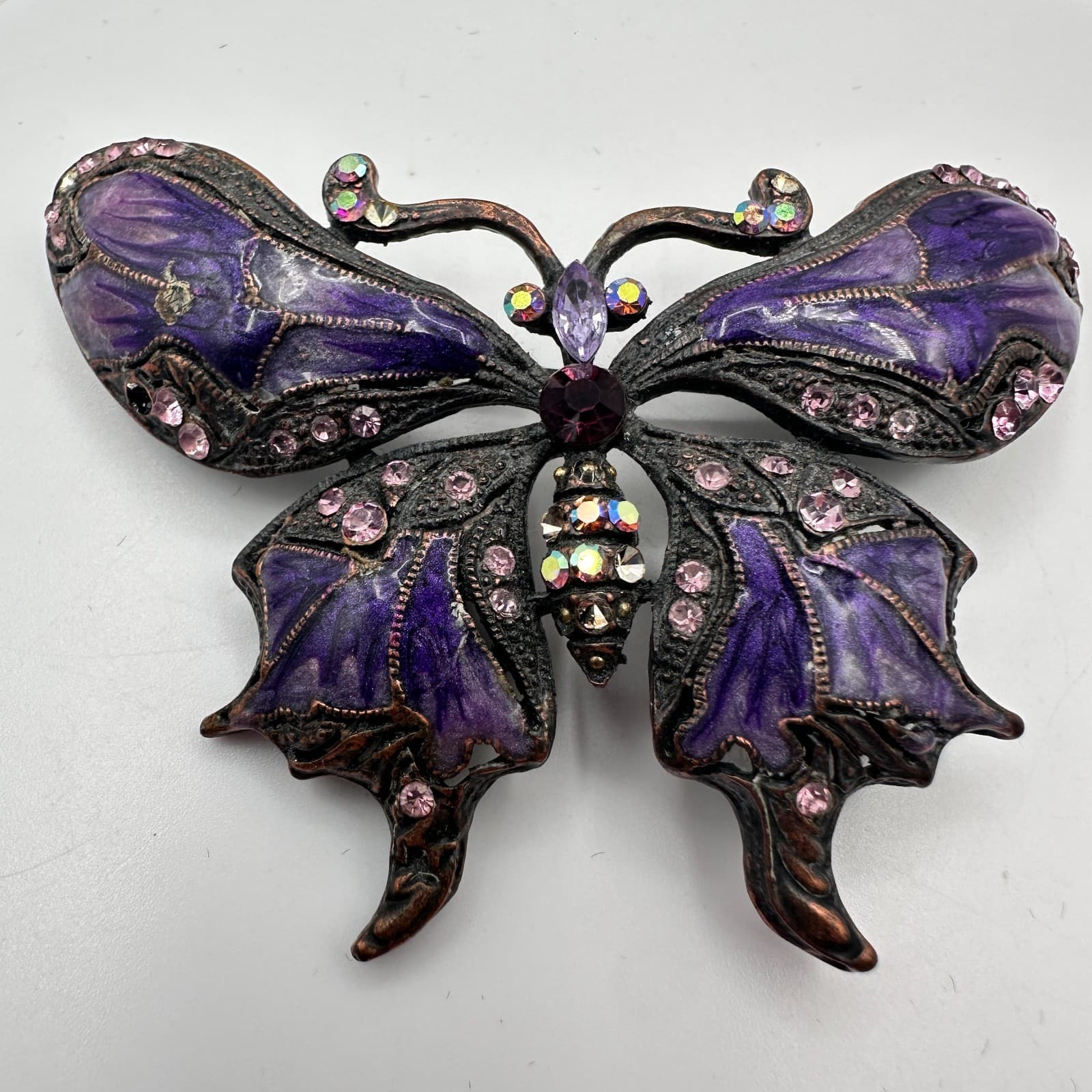 Vintage 80s Black Purple Enamel Rhinestone Butterfly Brooch Borealis Pin Jewelry - Thumbnail 4