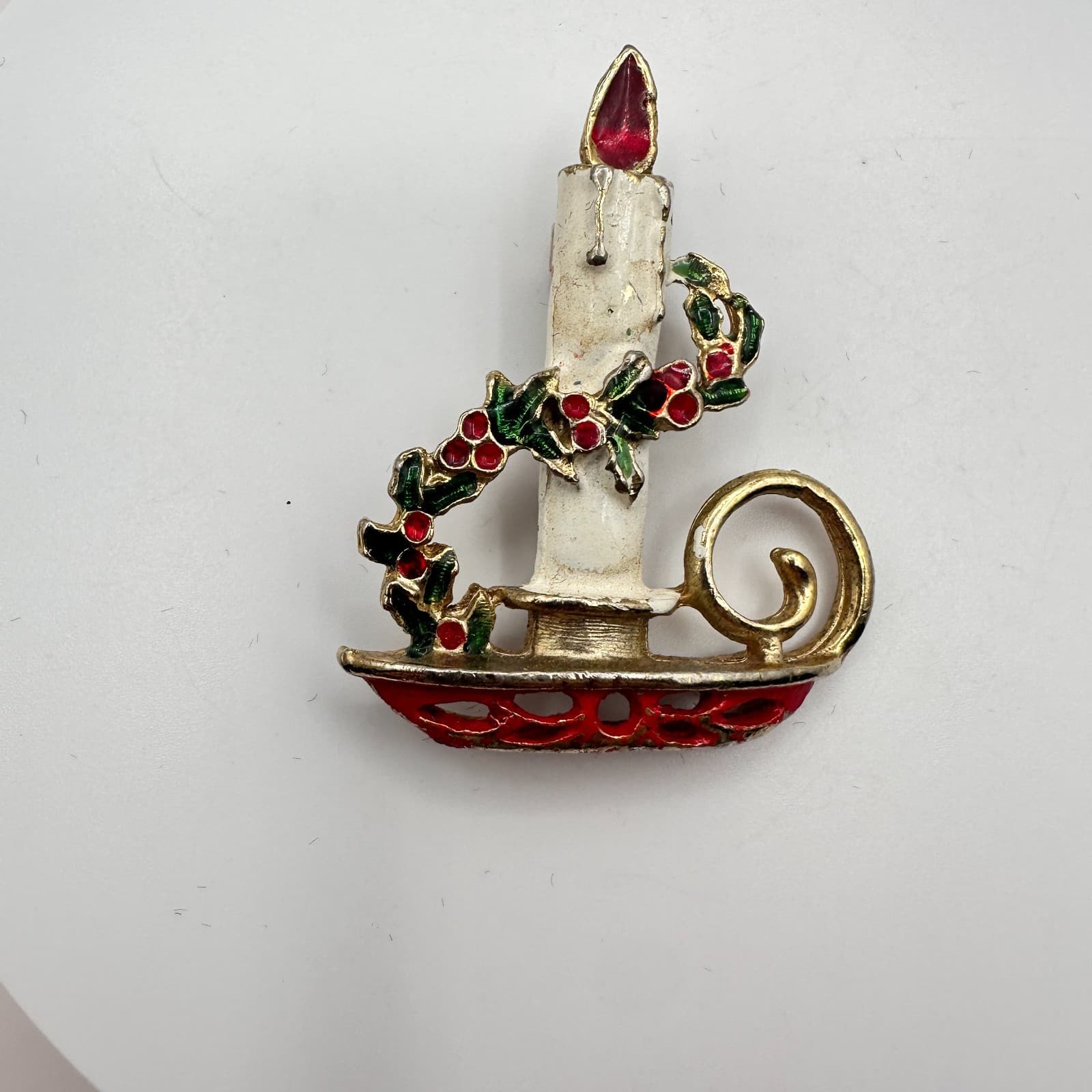 Vintage 90s Christmas Candle Brooch Pin Gold Tone Enamel Women's Classic Jewelry - Thumbnail 3
