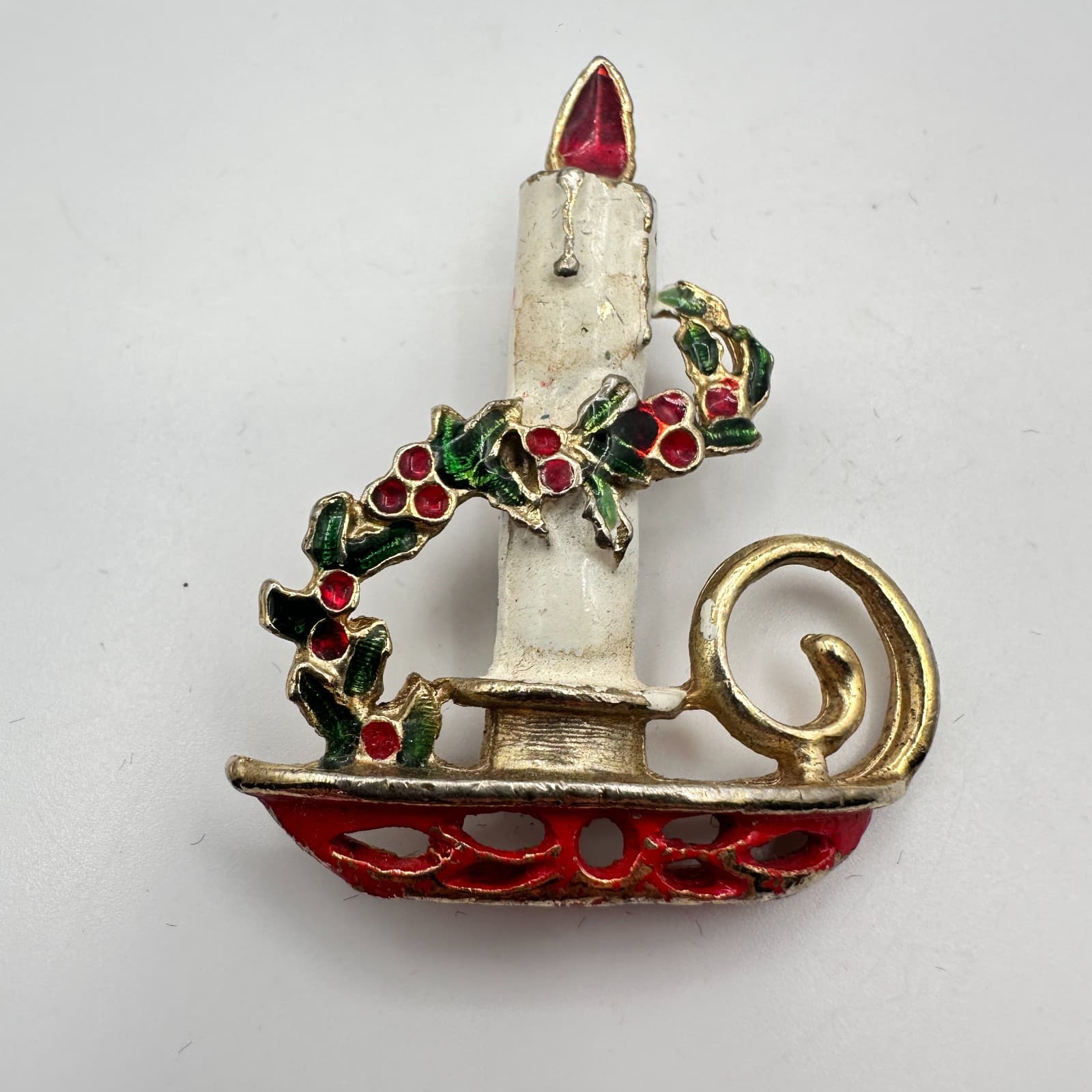 Vintage 90s Christmas Candle Brooch Pin Gold Tone Enamel Women's Classic Jewelry