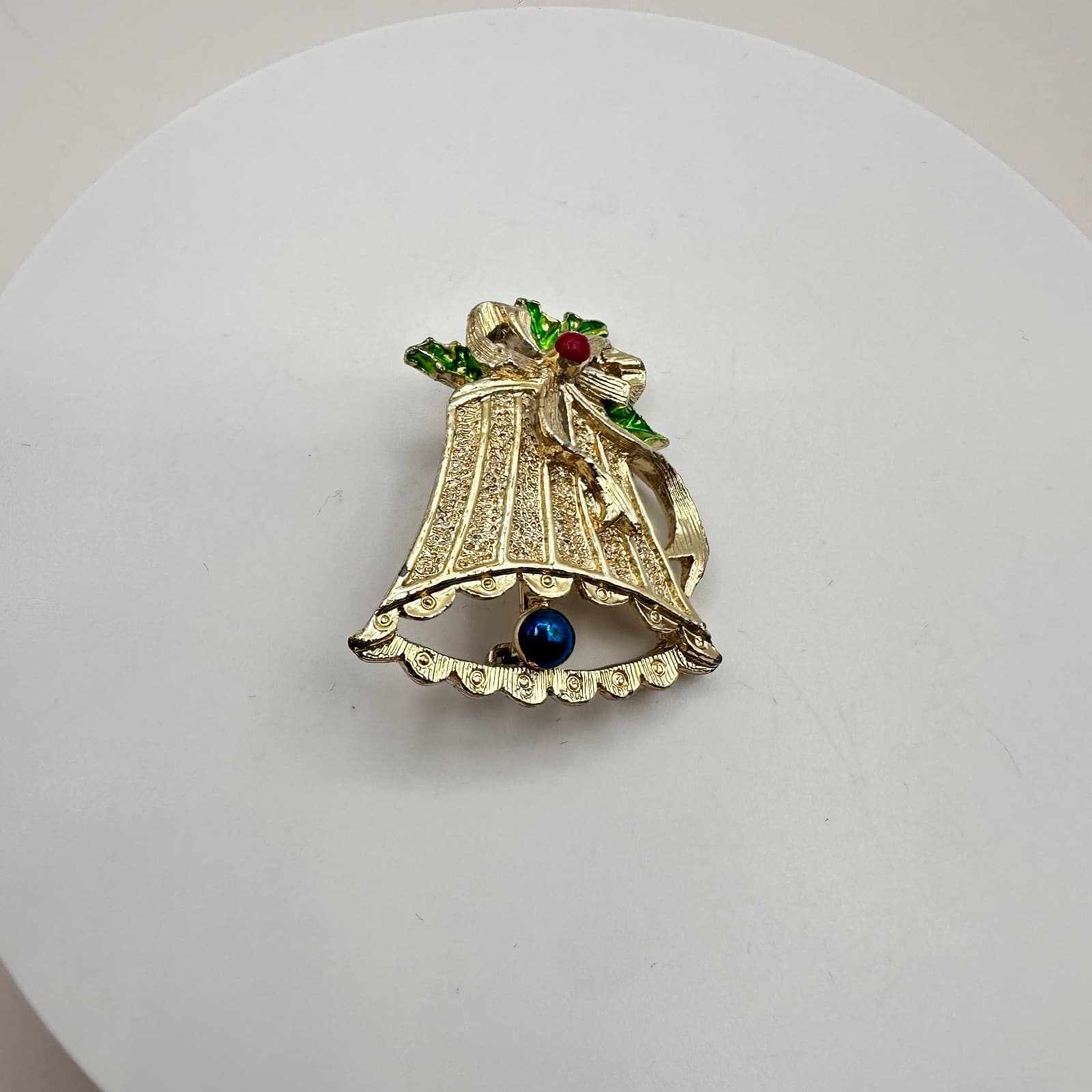 Vintage 80s Gerry’s Christmas Bell Brooch Gold Tone Enamel Holly Beads Pin - Thumbnail 4