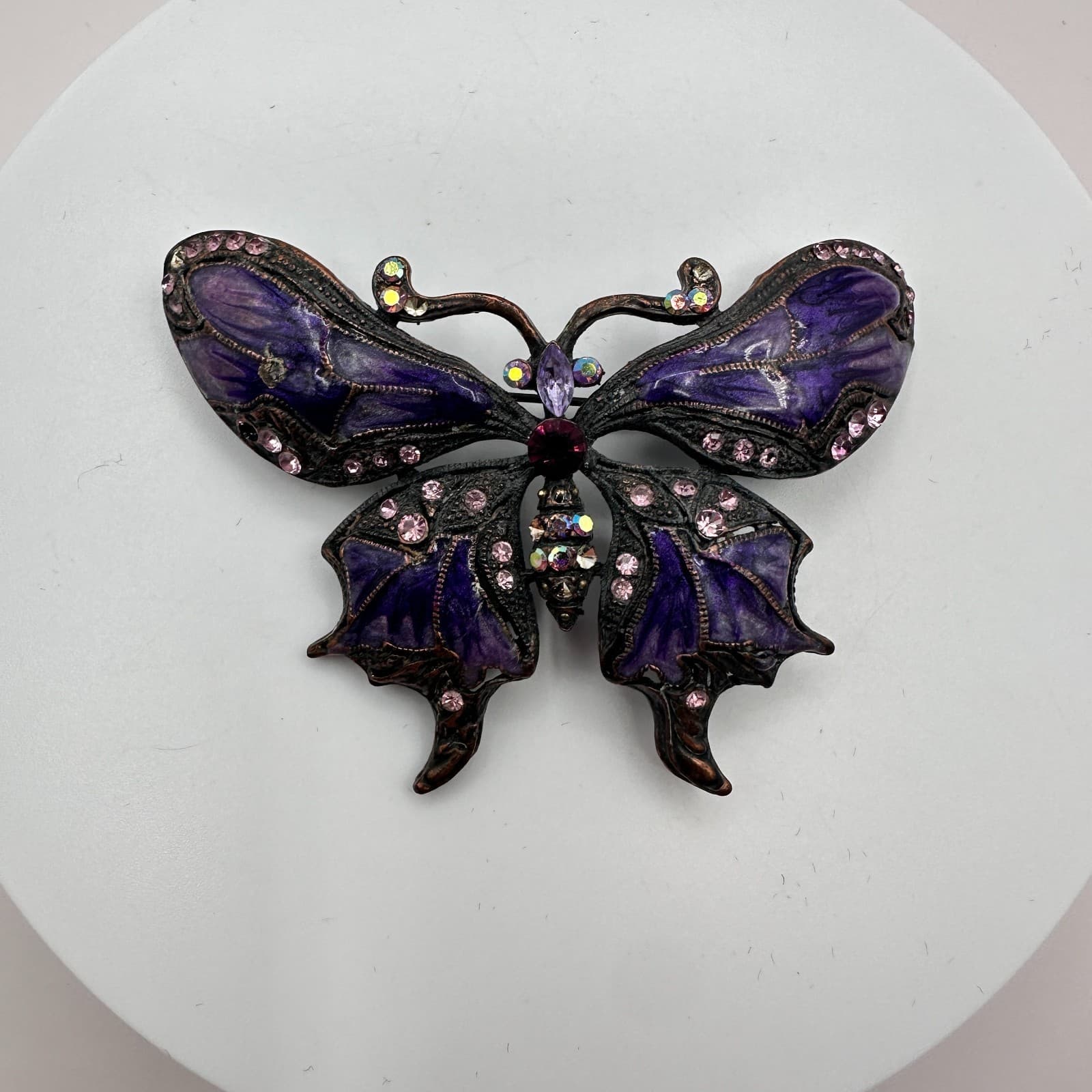 Vintage 80s Black Purple Enamel Rhinestone Butterfly Brooch Borealis Pin Jewelry - Thumbnail 2
