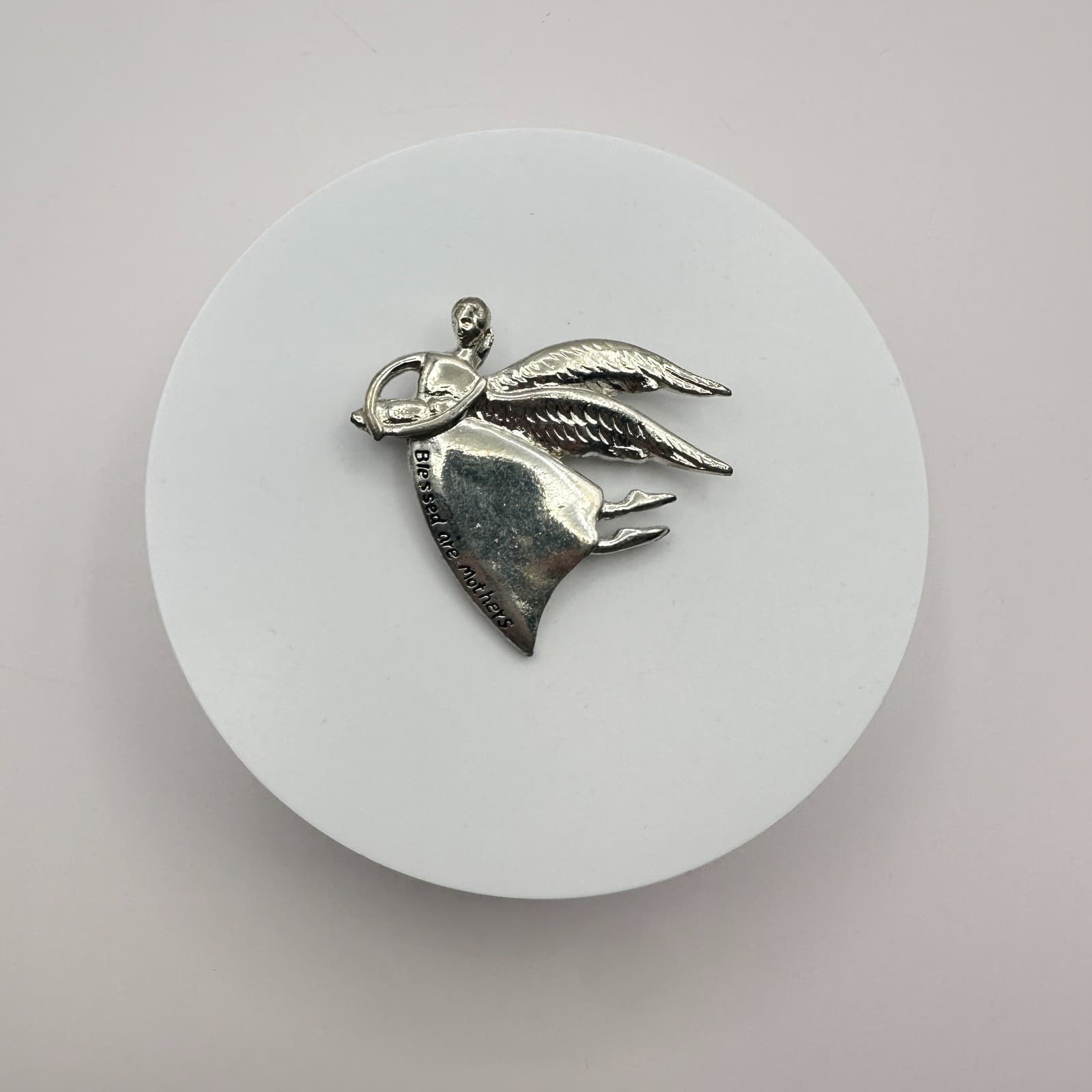 Vintage 90s Silver Tone Blessed Are Mothers Angel Brooch Pin Classic Jewelry - Thumbnail 2