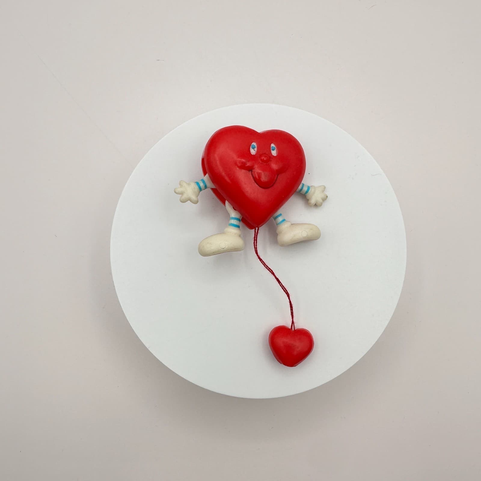 Vintage 80s Fun Puffy Red Heart Character Brooch Pin Pull String Retro Jewelry
