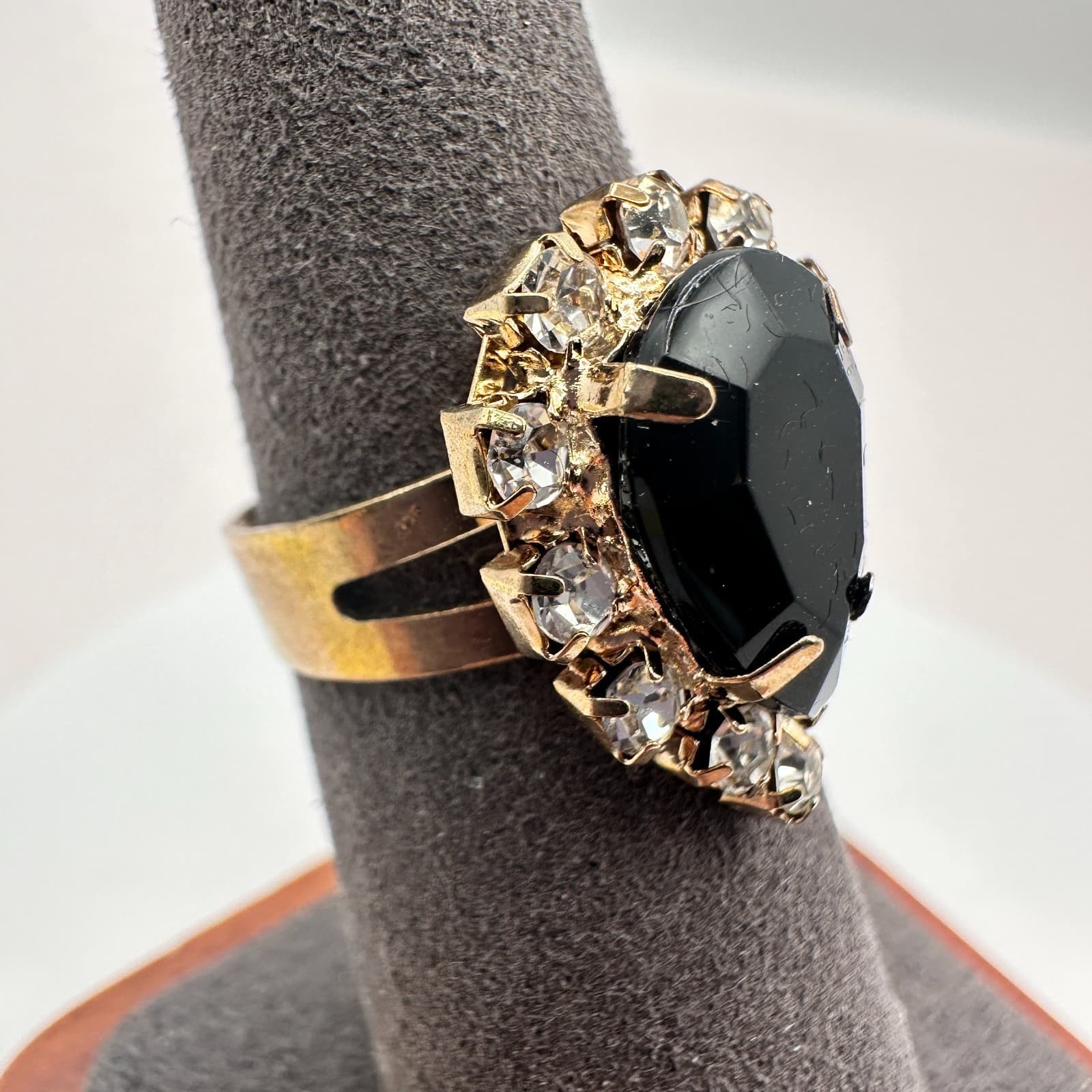 Vintage 90s Gold Tone Rhinestone Black Teardrop Ring Women's Classic Jewelry - Thumbnail 3
