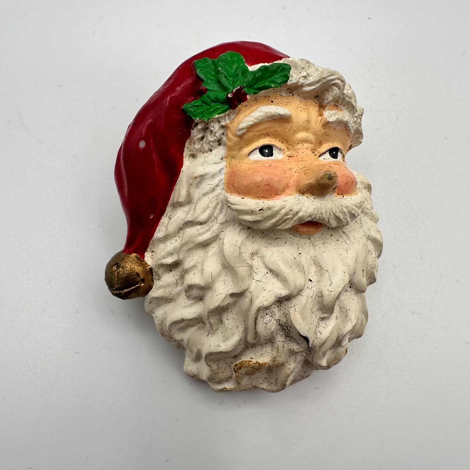 Vintage 80s Father Christmas Chalkware Holly Brooches Yuletide Lapel Pin Jewelry - Thumbnail 4