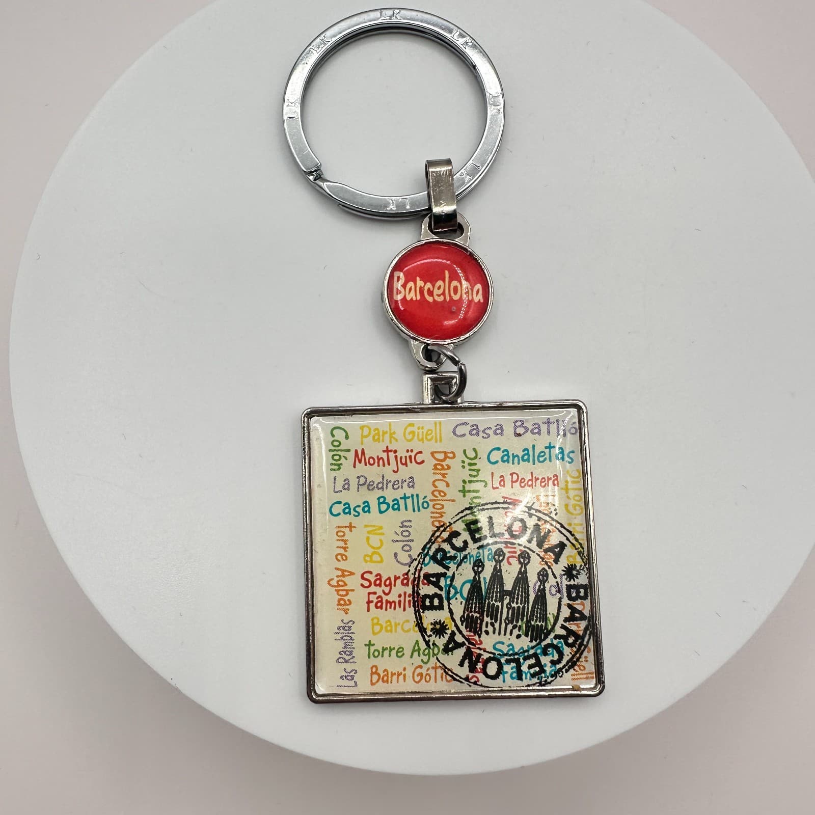 Vintage 70s LK Barcelona Spain Souvenir Silver Tone Square Charm Keychain - Thumbnail 2