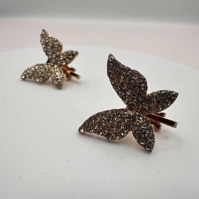 Vintage 90s Gold Tone Pave Clear Rhinestone Butterfly Clip-on Earrings Jewelry - Thumbnail 4
