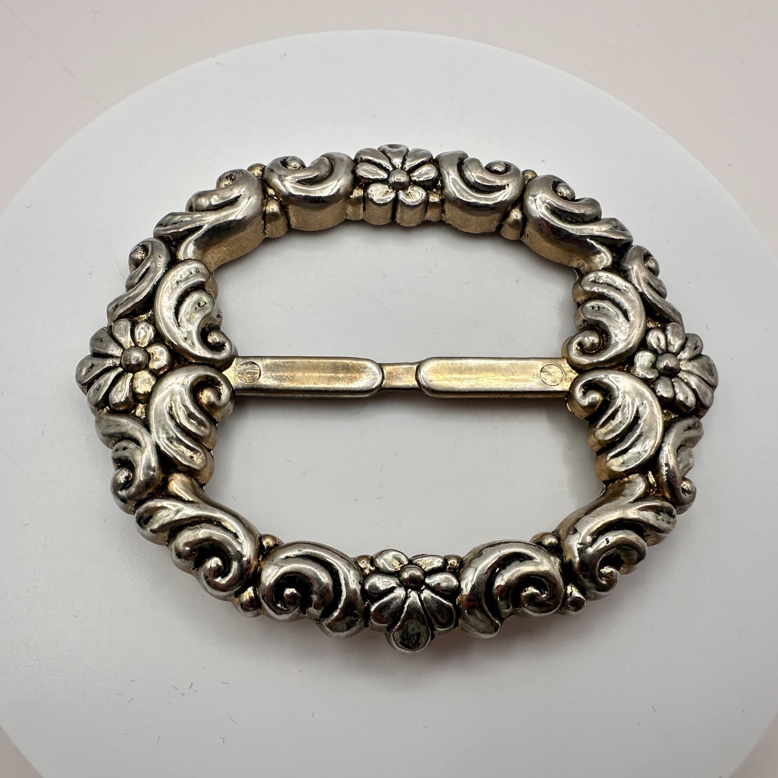 Vintage 90s Silver Tone Ornate Floral Oval Slide Buckle Women's Classic Jewelry - Thumbnail 3