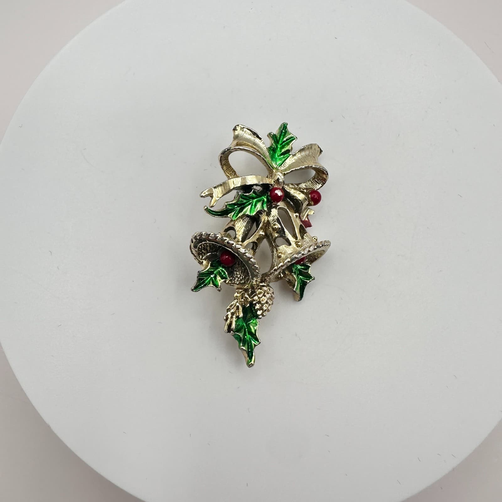 Vintage 90s Christmas Bell Brooch Pin Gold Tone Enamel Classic Fashion Jewelry - Thumbnail 2