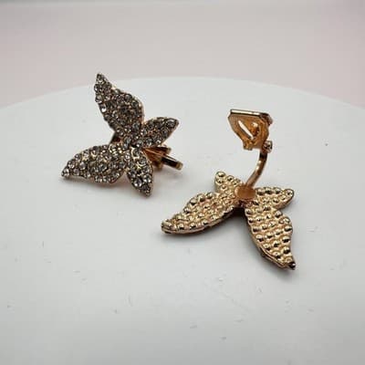 Vintage 90s Gold Tone Pave Clear Rhinestone Butterfly Clip-on Earrings Jewelry - Thumbnail 5