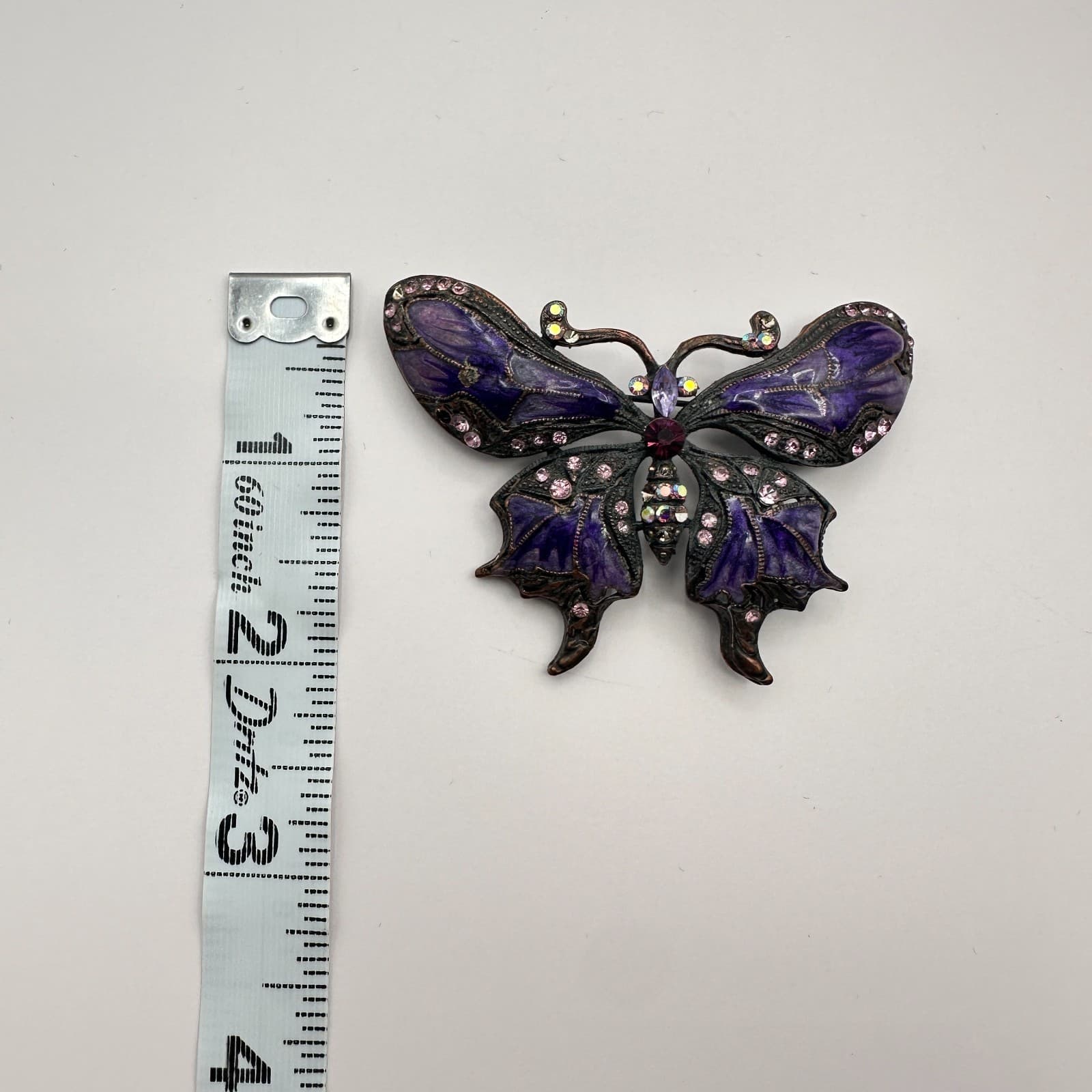 Vintage 80s Black Purple Enamel Rhinestone Butterfly Brooch Borealis Pin Jewelry - Thumbnail 7