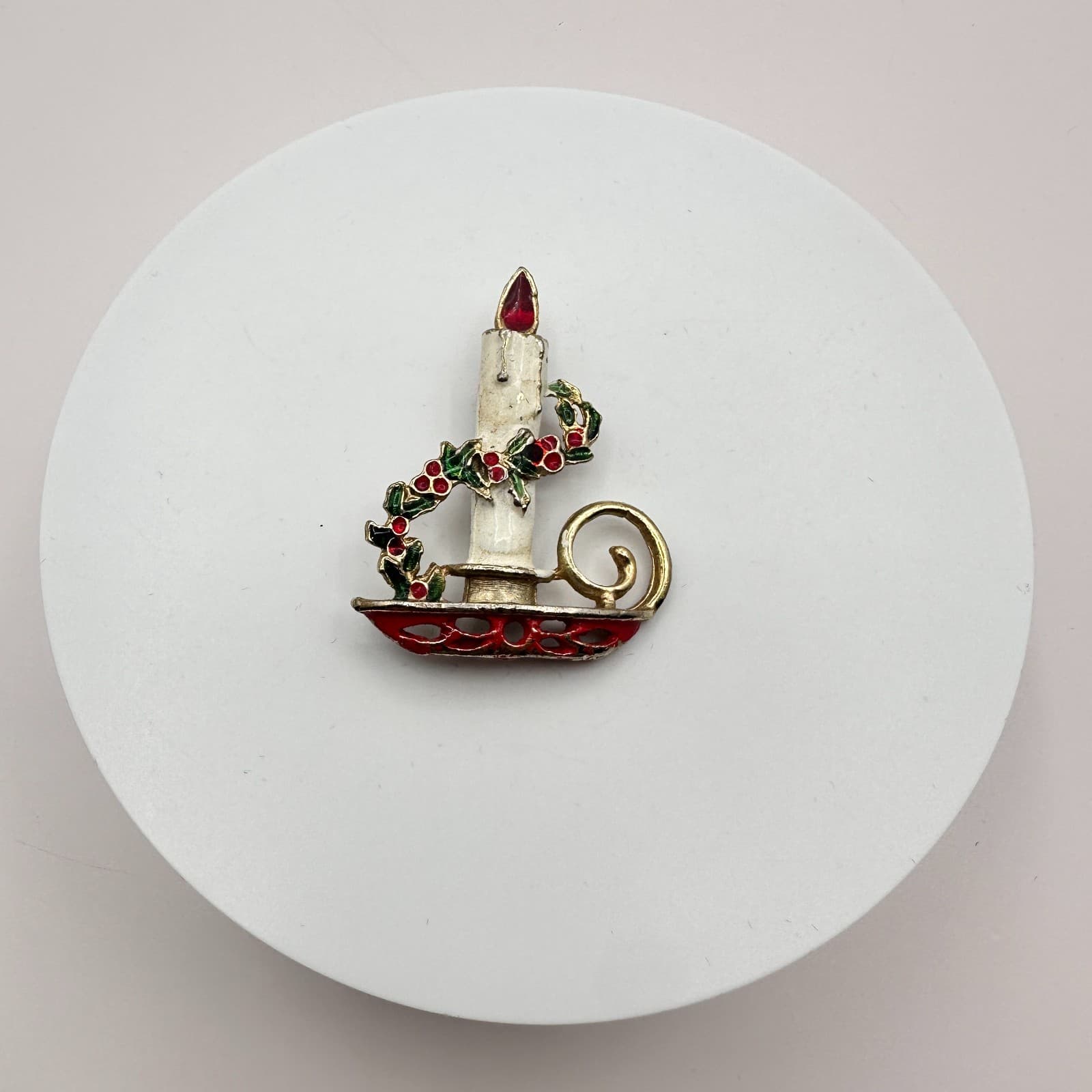 Vintage 90s Christmas Candle Brooch Pin Gold Tone Enamel Women's Classic Jewelry - Thumbnail 4