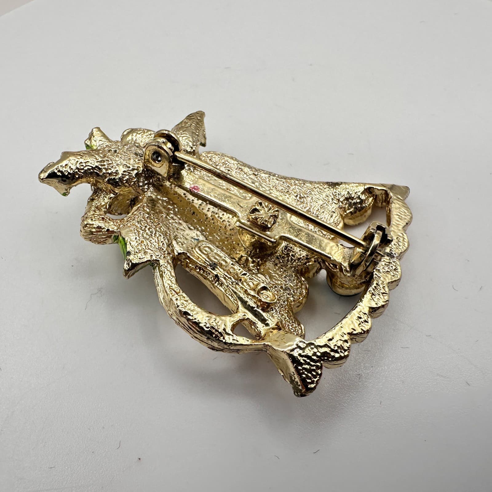 Vintage 80s Gerry’s Christmas Bell Brooch Gold Tone Enamel Holly Beads Pin - Thumbnail 6