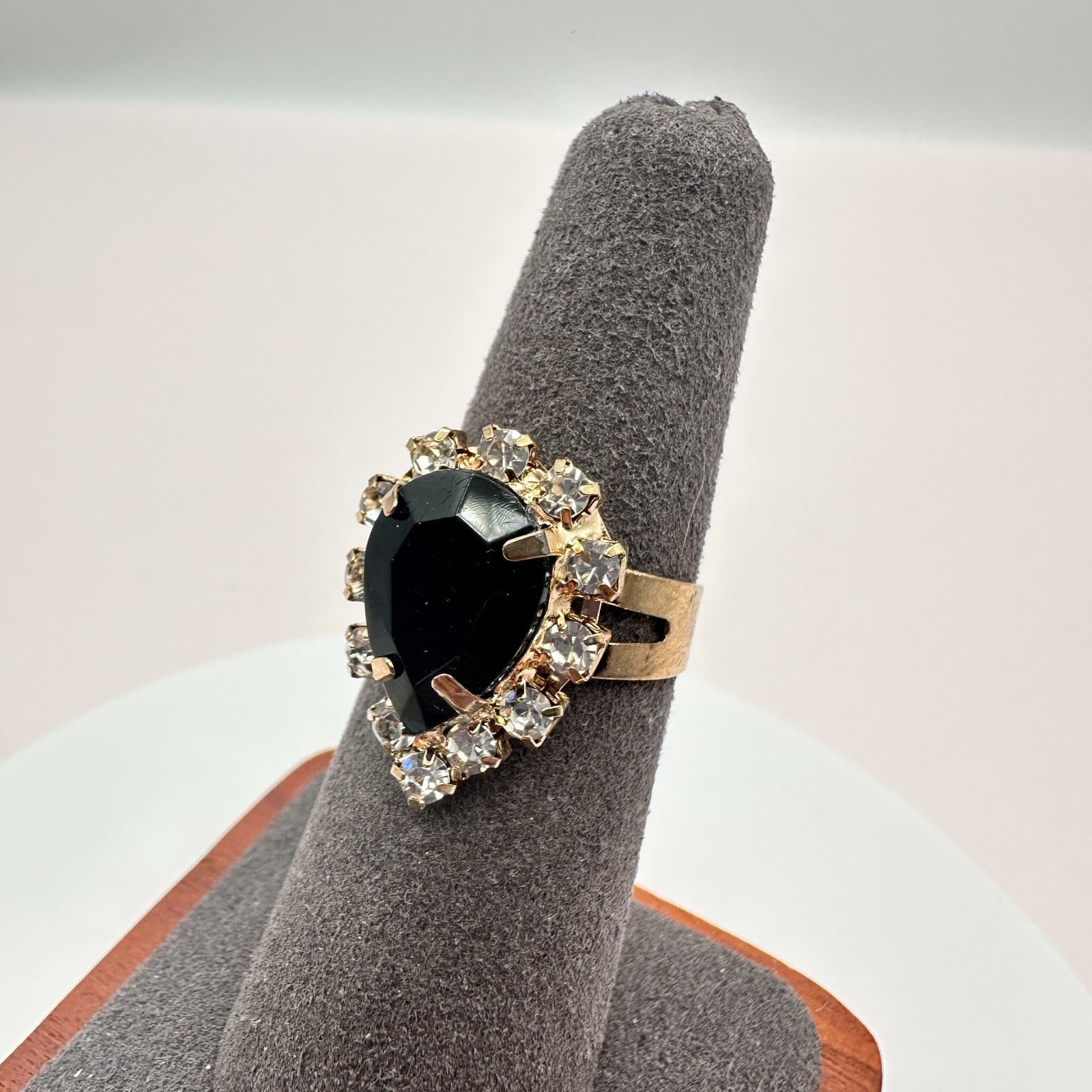 Vintage 90s Gold Tone Rhinestone Black Teardrop Ring Women's Classic Jewelry - Thumbnail 5