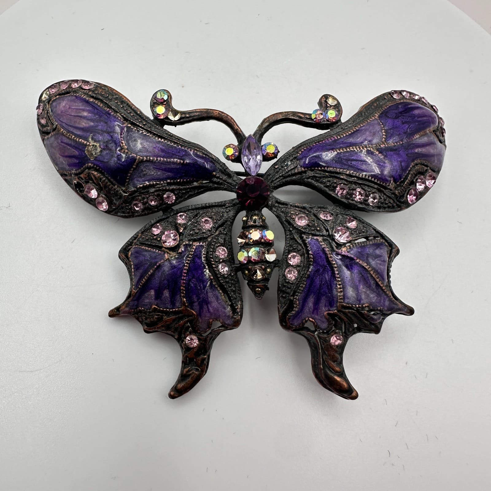 Vintage 80s Black Purple Enamel Rhinestone Butterfly Brooch Borealis Pin Jewelry - Thumbnail 3