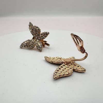 Vintage 90s Gold Tone Pave Clear Rhinestone Butterfly Clip-on Earrings Jewelry - Thumbnail 6