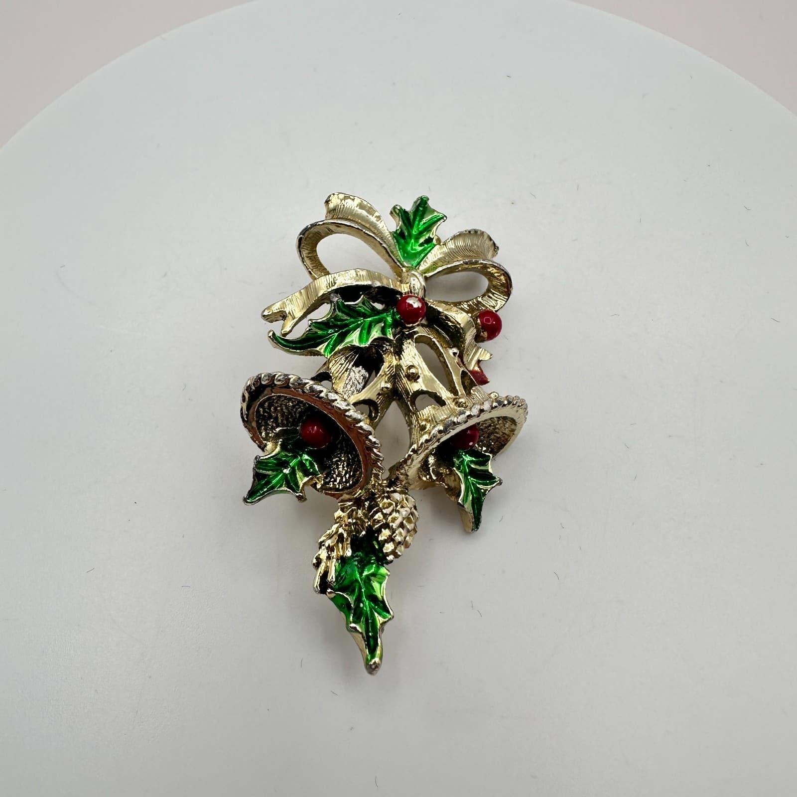 Vintage 90s Christmas Bell Brooch Pin Gold Tone Enamel Classic Fashion Jewelry - Thumbnail 3