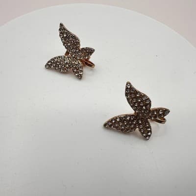 Vintage 90s Gold Tone Pave Clear Rhinestone Butterfly Clip-on Earrings Jewelry - Thumbnail 3