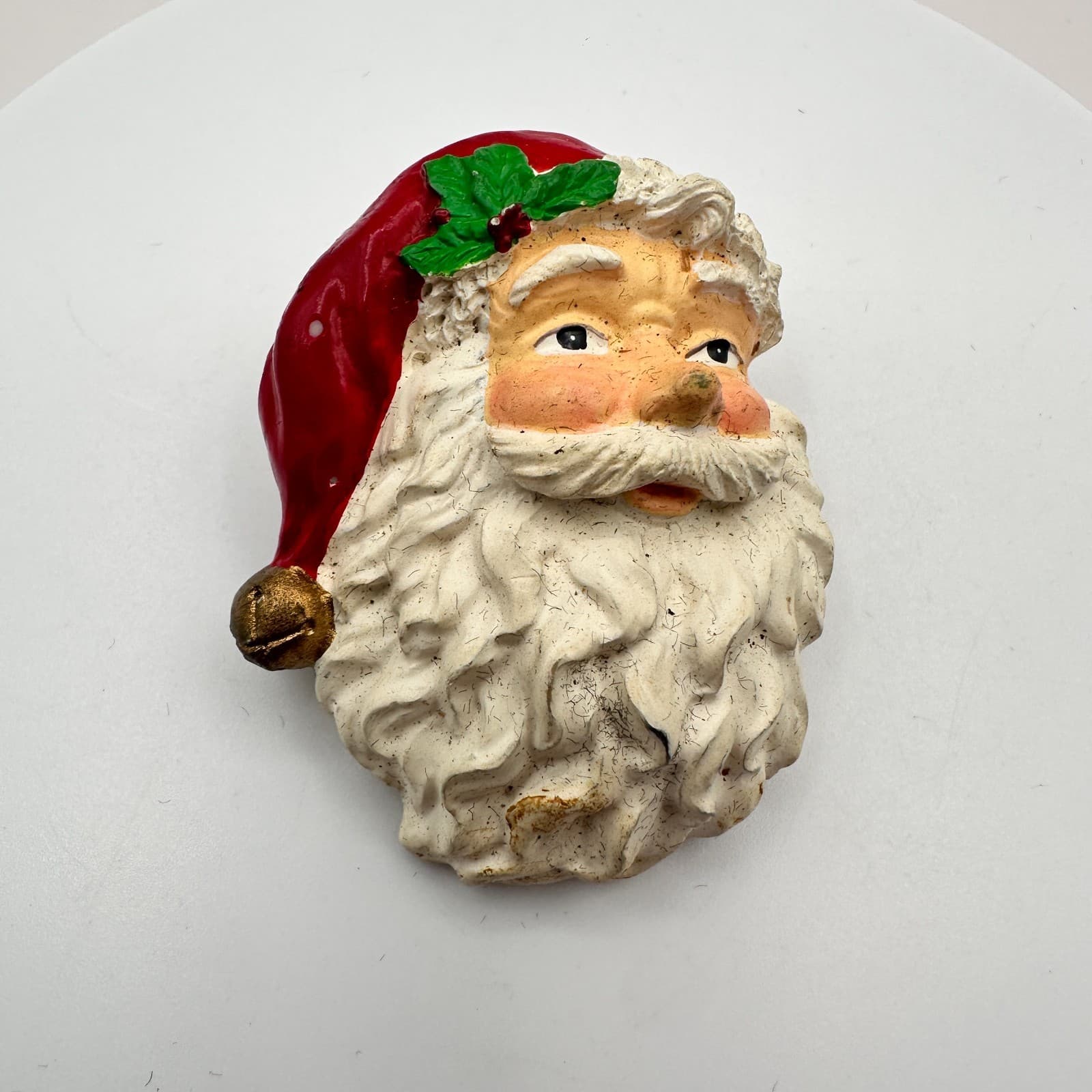 Vintage 80s Father Christmas Chalkware Holly Brooches Yuletide Lapel Pin Jewelry - Thumbnail 3