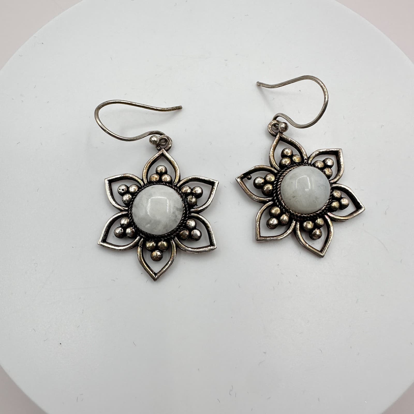 Vintage 90s Silver Tone Moonstone Floral Dangle Earrings Women's Classic Jewelry - Thumbnail 3