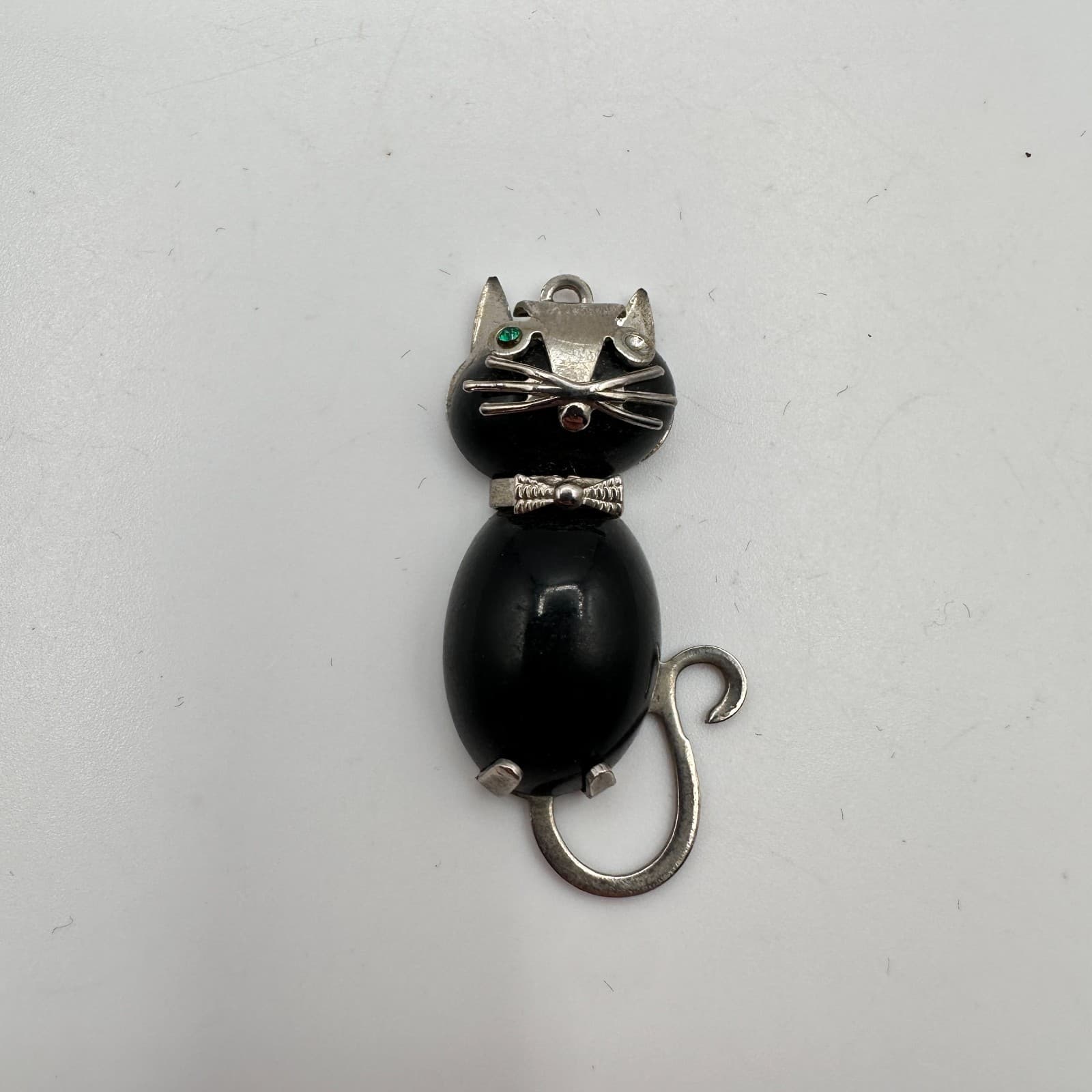 Vintage 80s Silver Tone Black Onyx Bead Cat Green Eye Kitty Necklace Jewelry - Thumbnail 4