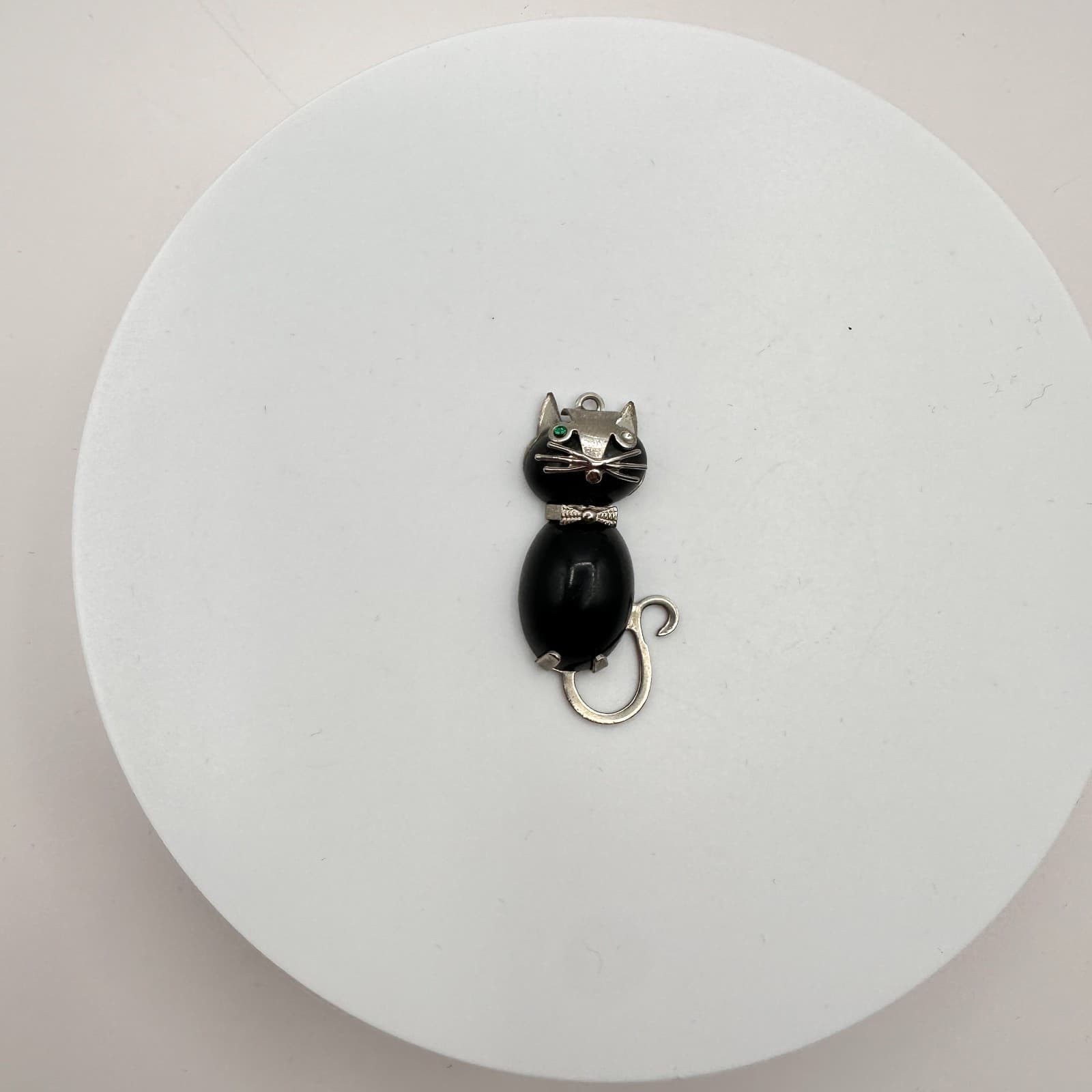 Vintage 80s Silver Tone Black Onyx Bead Cat Green Eye Kitty Necklace Jewelry - Thumbnail 3