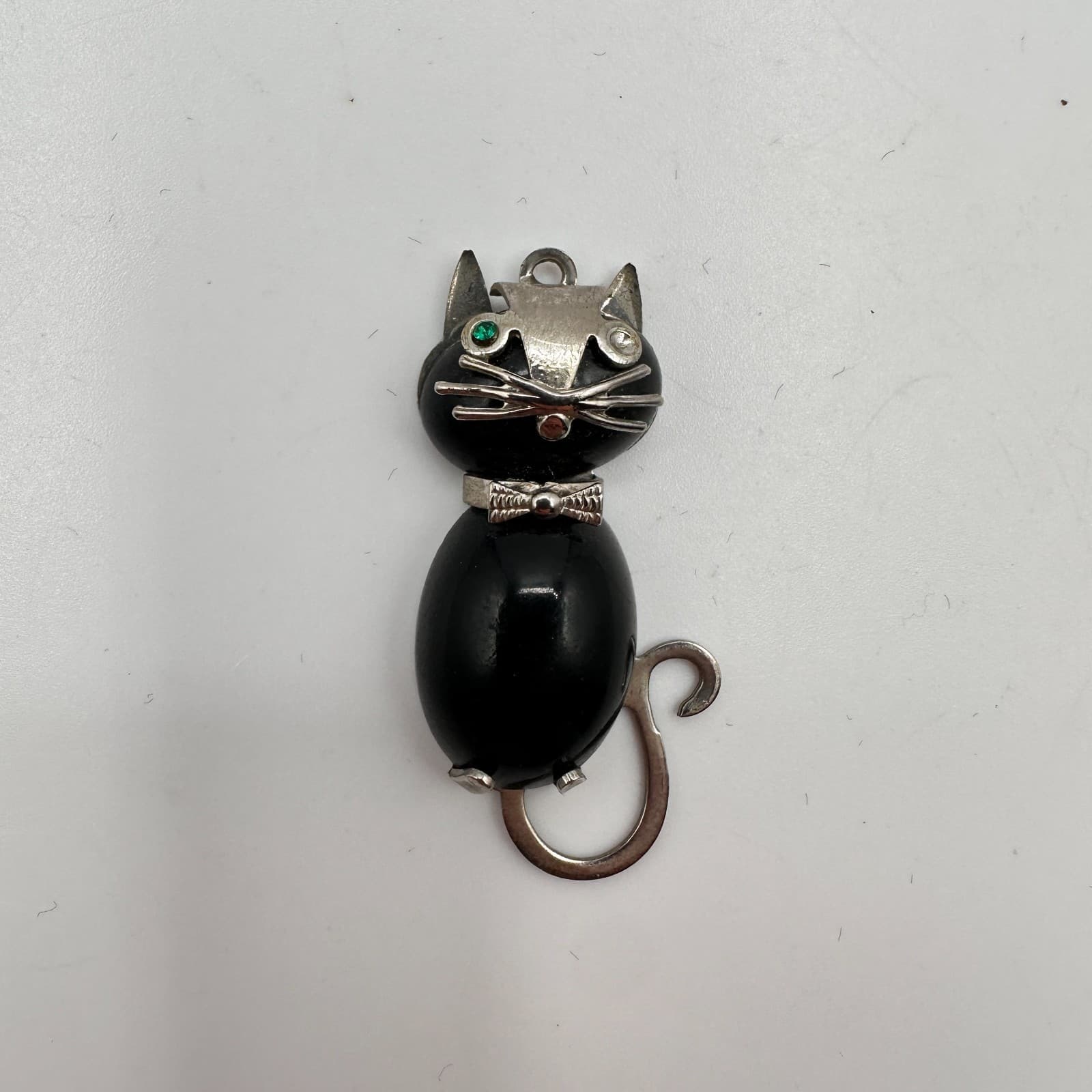 Vintage 80s Silver Tone Black Onyx Bead Cat Green Eye Kitty Necklace Jewelry - Thumbnail 5