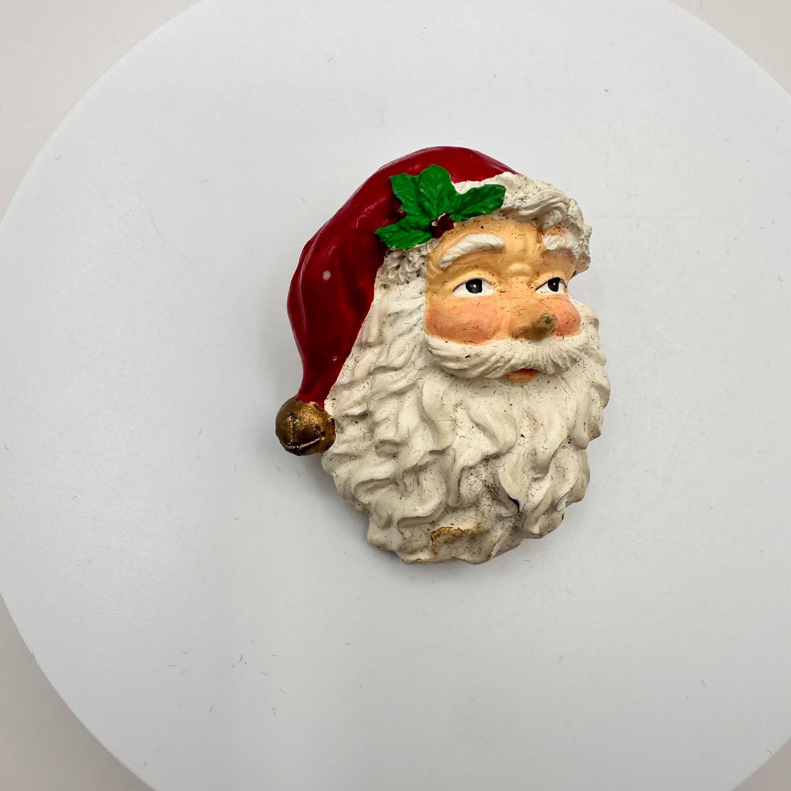 Vintage 80s Father Christmas Chalkware Holly Brooches Yuletide Lapel Pin Jewelry - Thumbnail 2