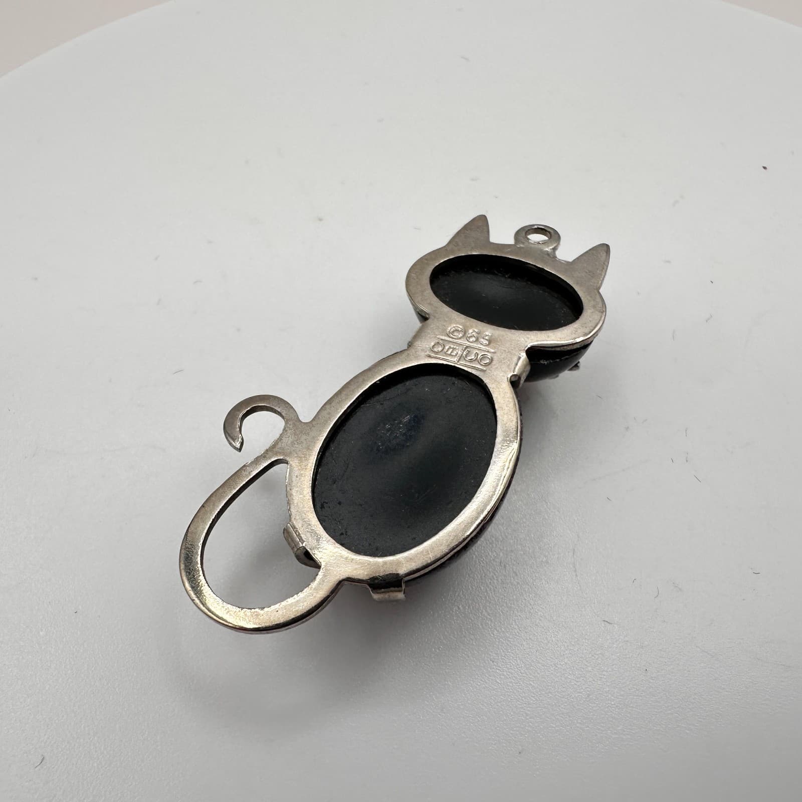 Vintage 80s Silver Tone Black Onyx Bead Cat Green Eye Kitty Necklace Jewelry - Thumbnail 7