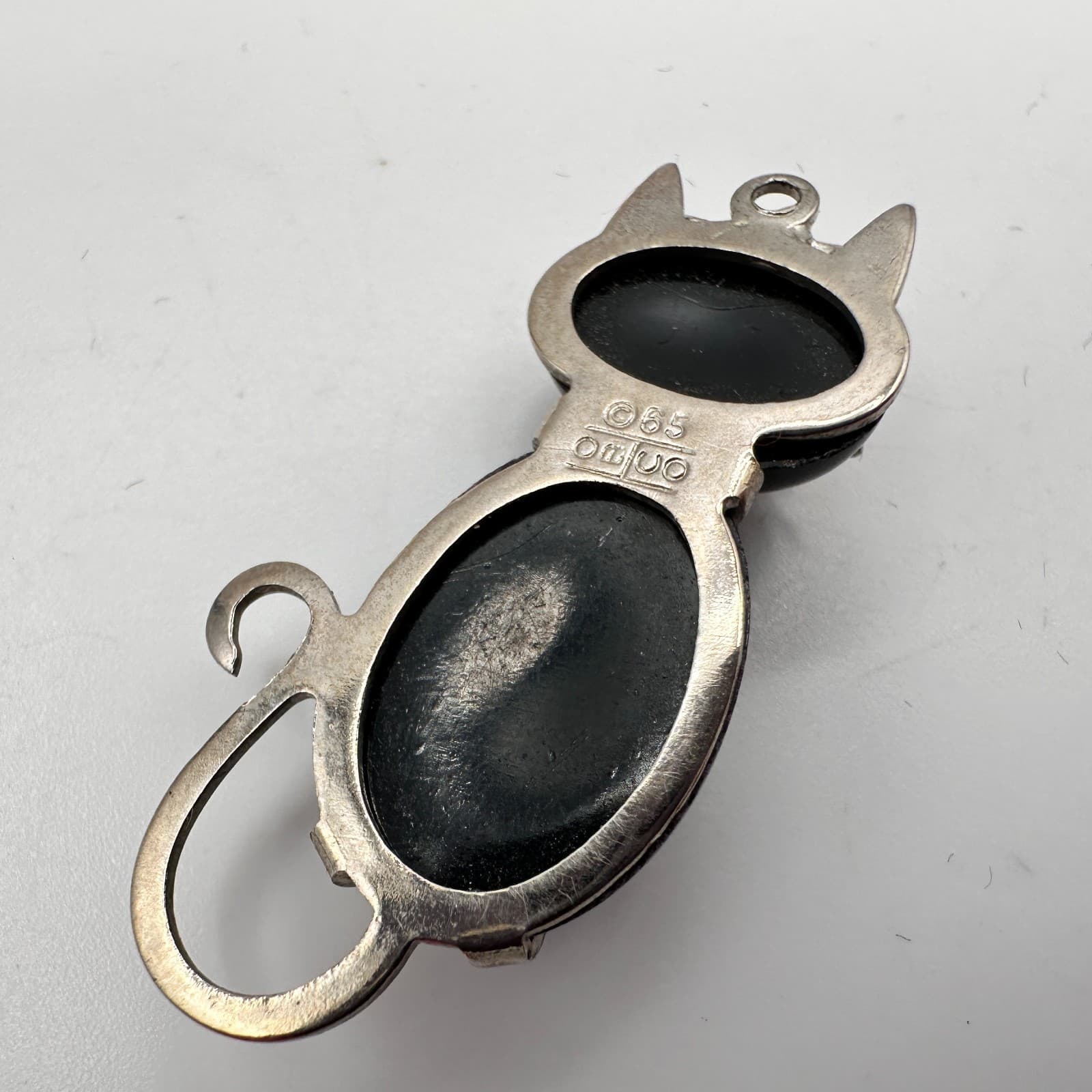 Vintage 80s Silver Tone Black Onyx Bead Cat Green Eye Kitty Necklace Jewelry - Thumbnail 8