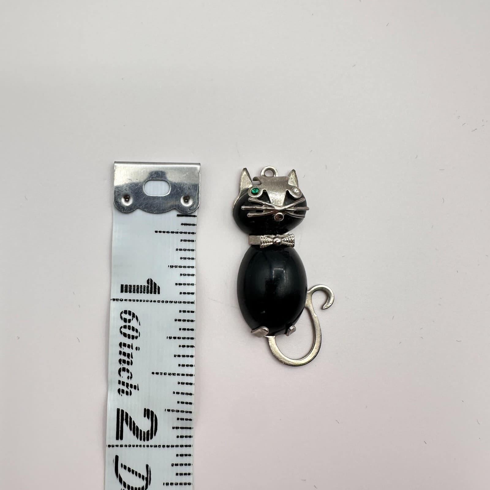 Vintage 80s Silver Tone Black Onyx Bead Cat Green Eye Kitty Necklace Jewelry - Thumbnail 9