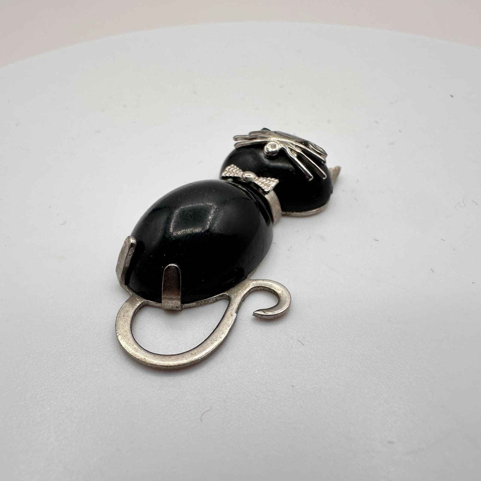 Vintage 80s Silver Tone Black Onyx Bead Cat Green Eye Kitty Necklace Jewelry - Thumbnail 6